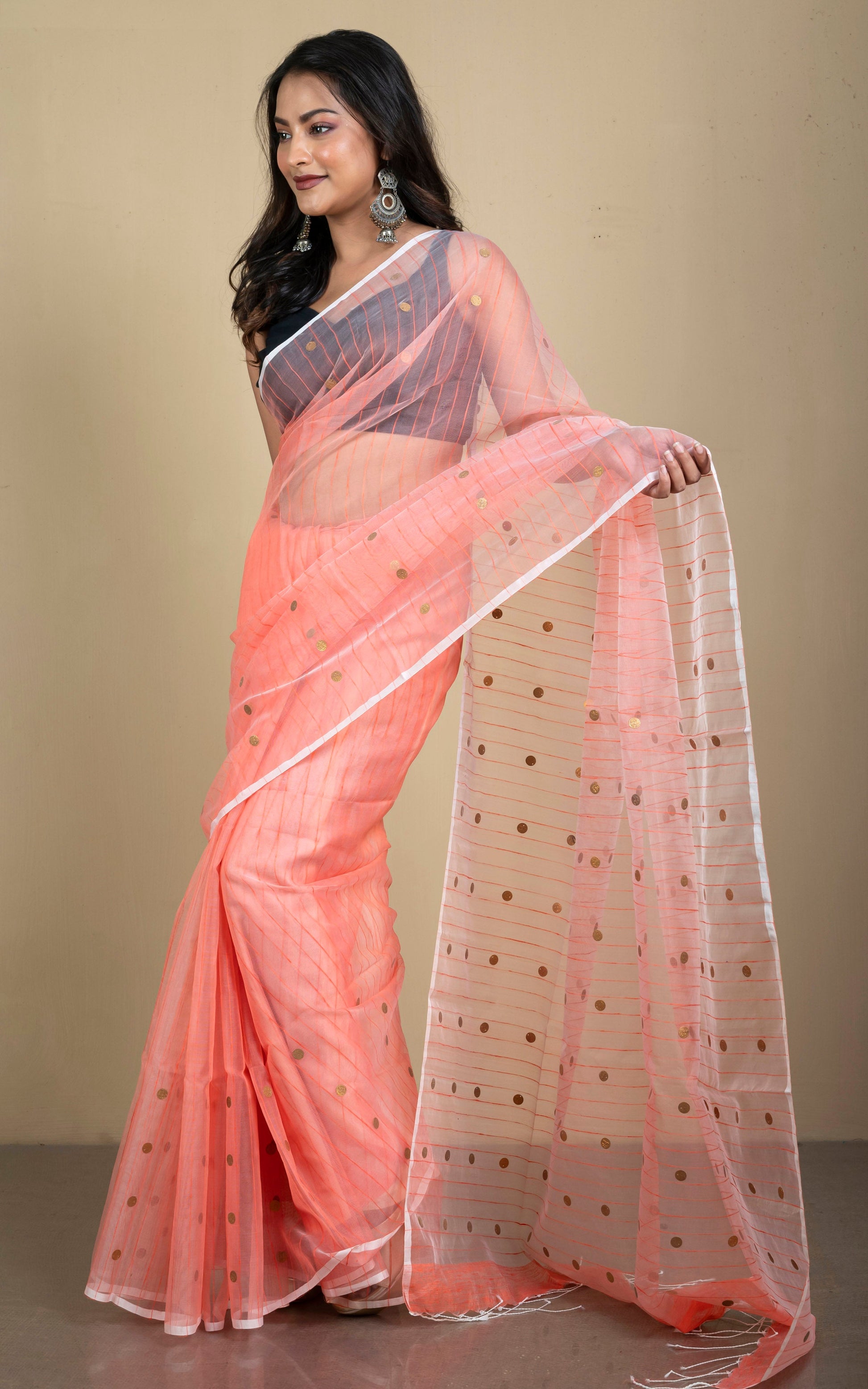 Designer Woven Antique Ginni Work Skirt Border Muslin Matka Silk Saree in Peach, Off White and Antique Gold