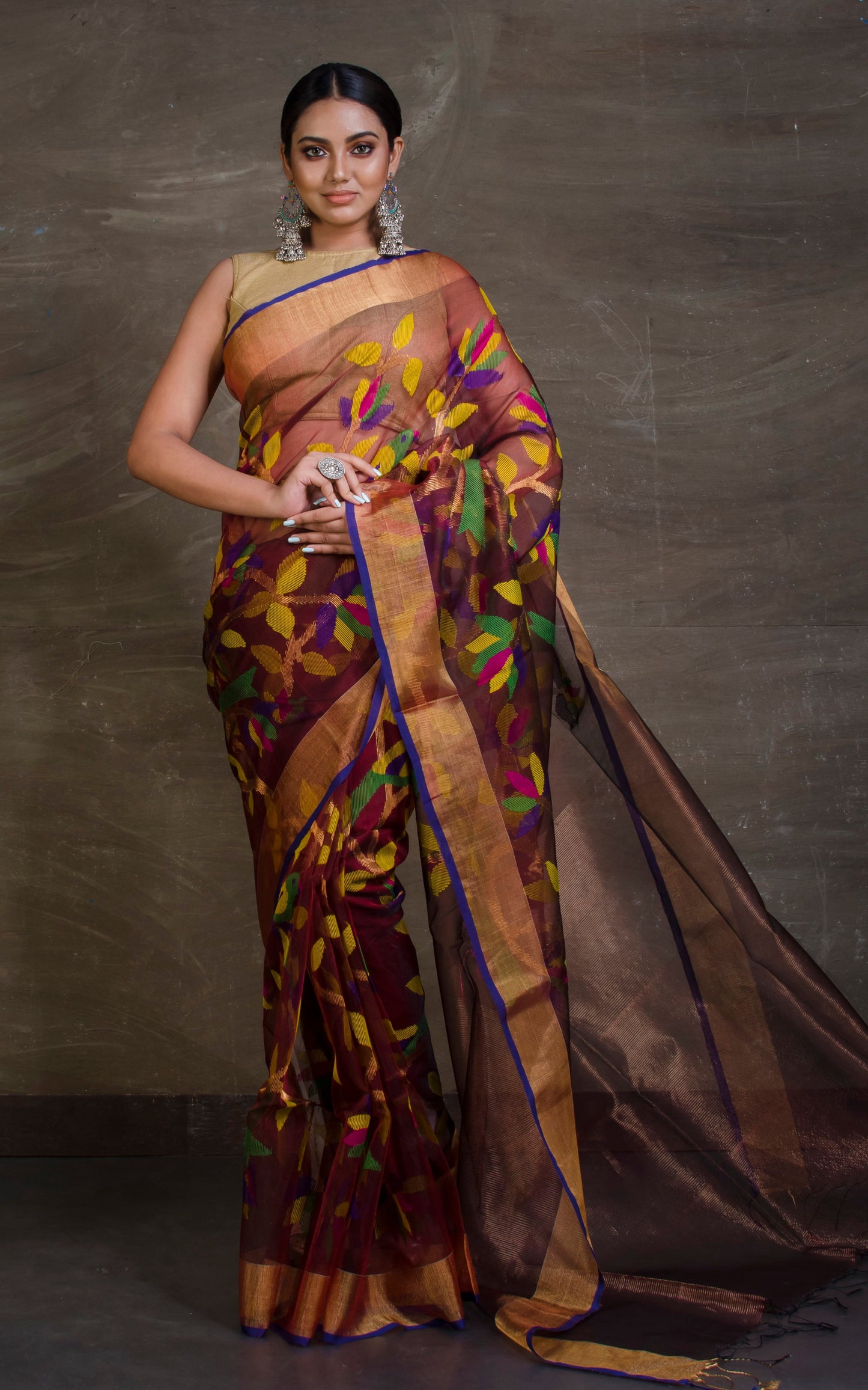 Bird Motif Silk Muslin Jamdani Saree in Wine, Royal Blue and Multicolored Thread Work