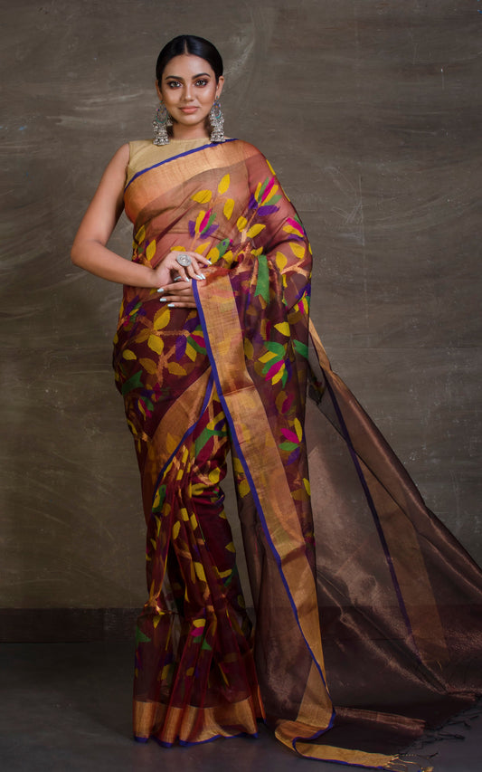 Bird Motif Silk Muslin Jamdani Saree in Wine, Royal Blue and Multicolored Thread Work