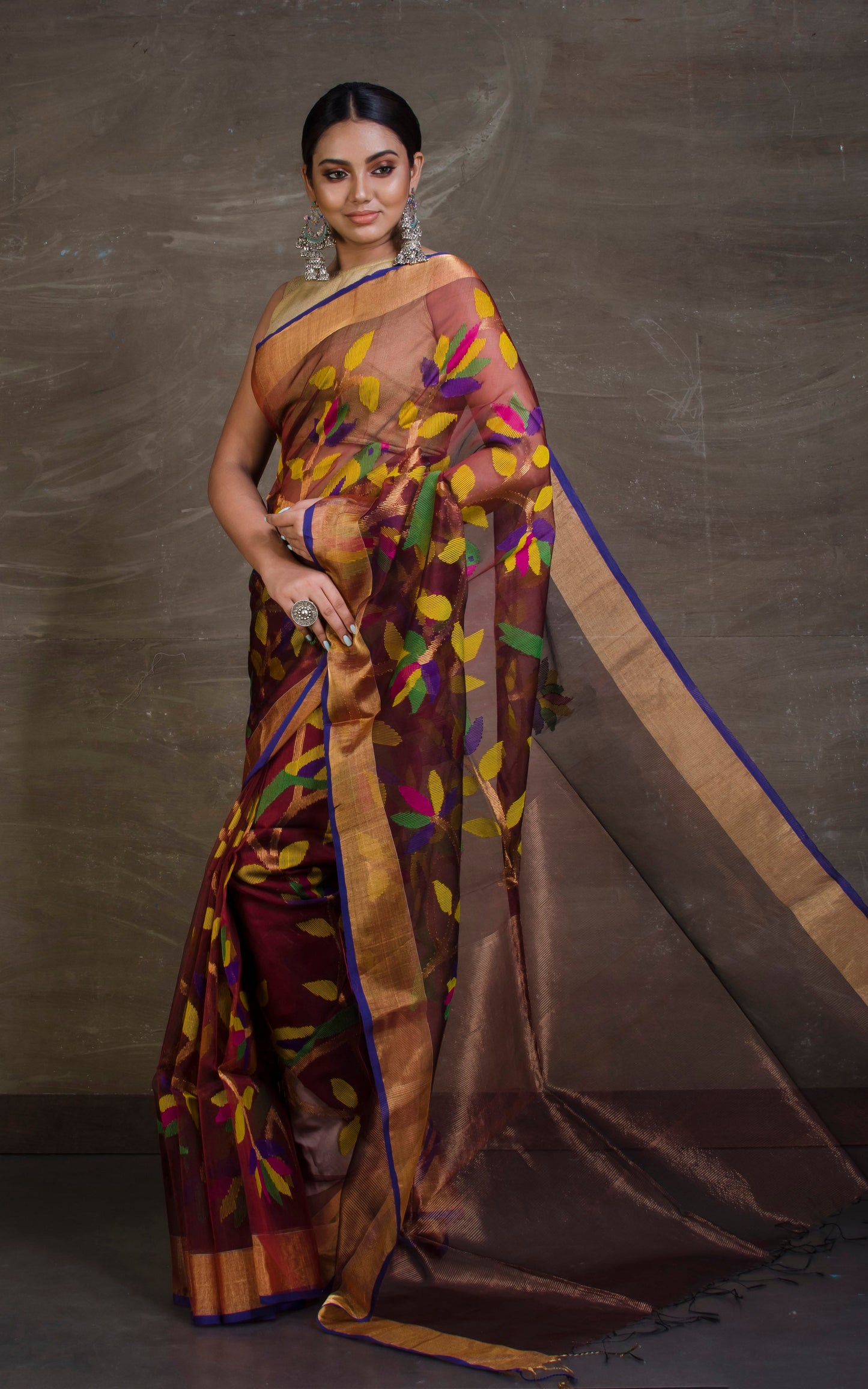 Bird Motif Silk Muslin Jamdani Saree in Wine, Royal Blue and Multicolored Thread Work