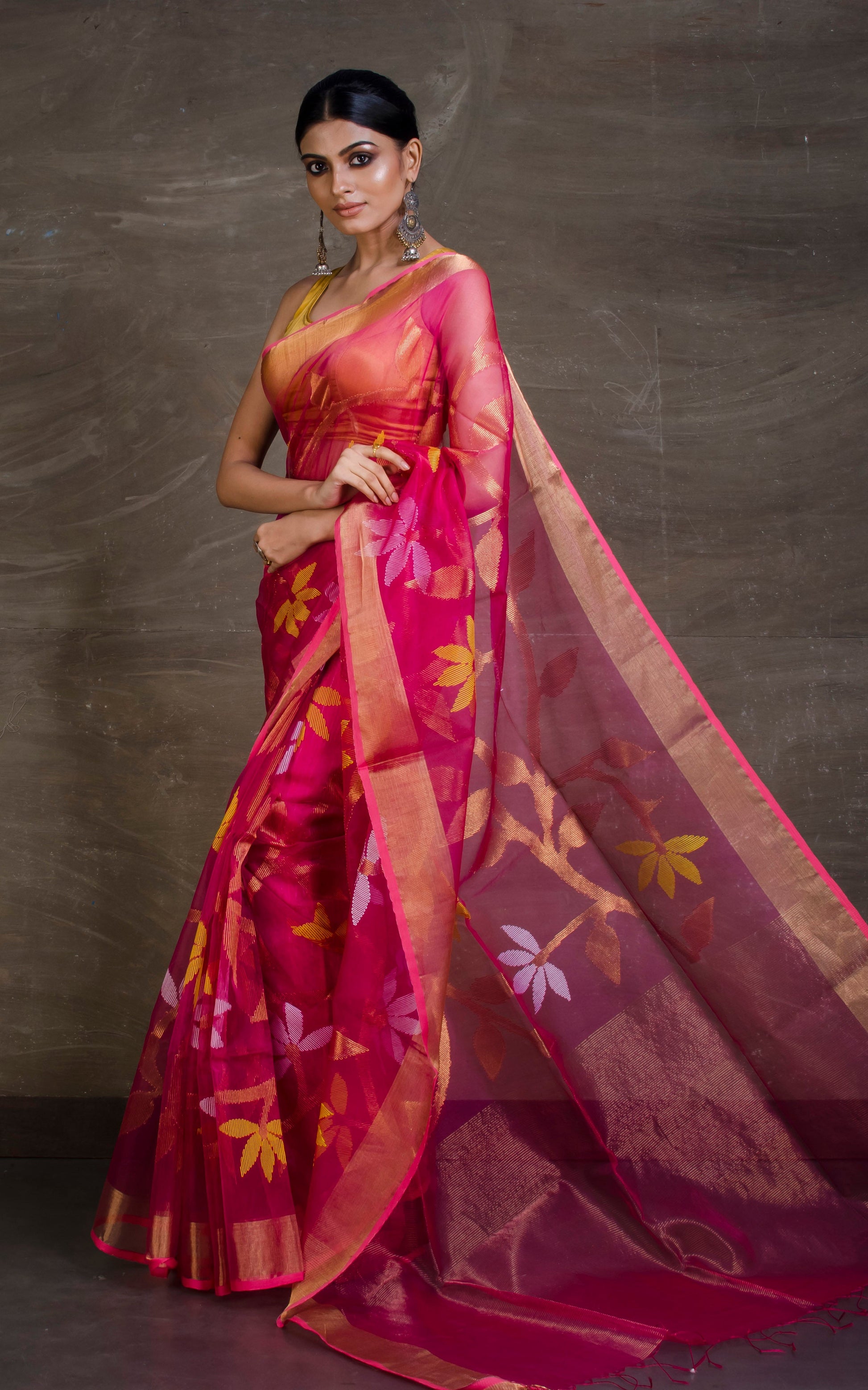 Traditional Soft Muslin Jamdani Saree in Hot Pink, Yellow, Gold and White