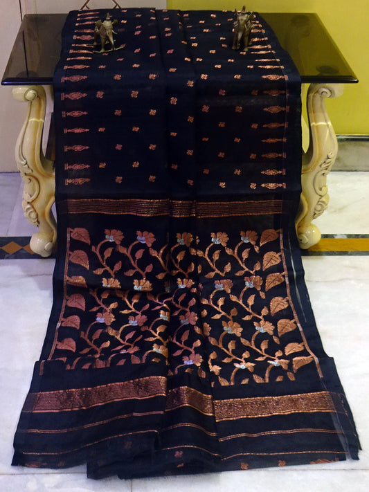 Soft Resham Muslin Jamdani Saree in Black, Copper and Silver