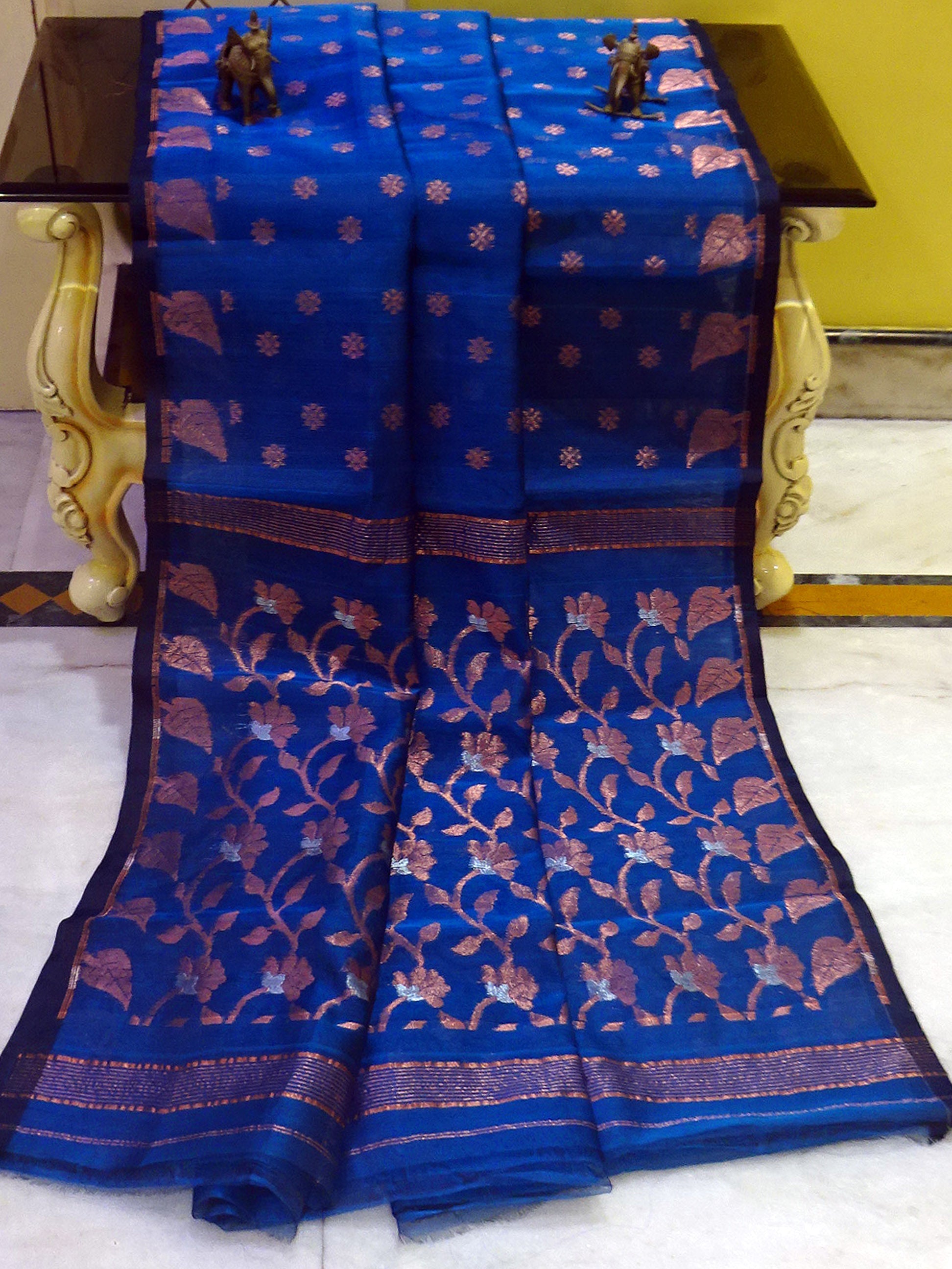 Lightweight Muslin Jamdani Silk Saree in Peacock Blue and Copper