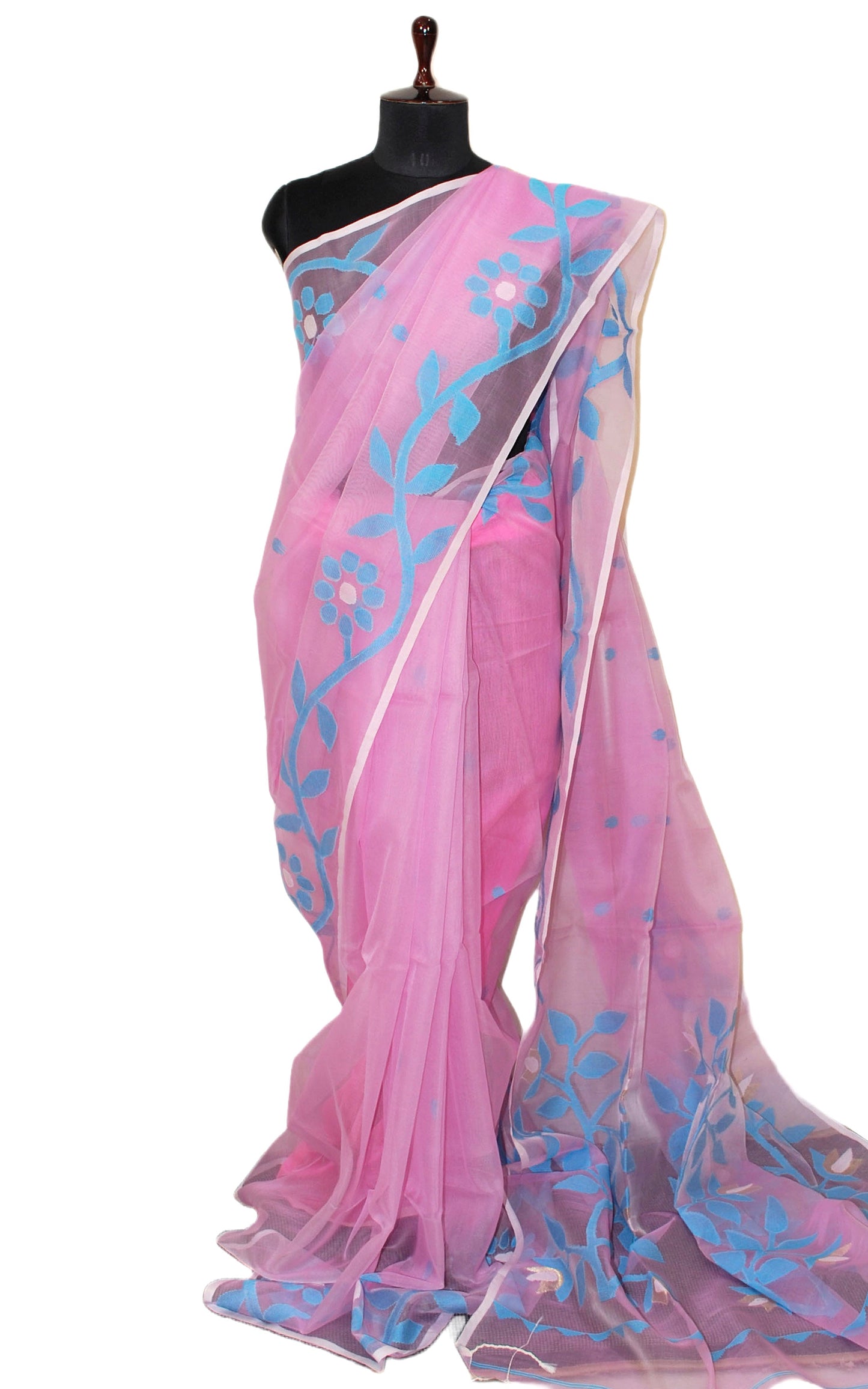 Handwoven Nakshi Work Muslin Jamdani Silk Saree in Baby Pink. Pastel Blue and Off White