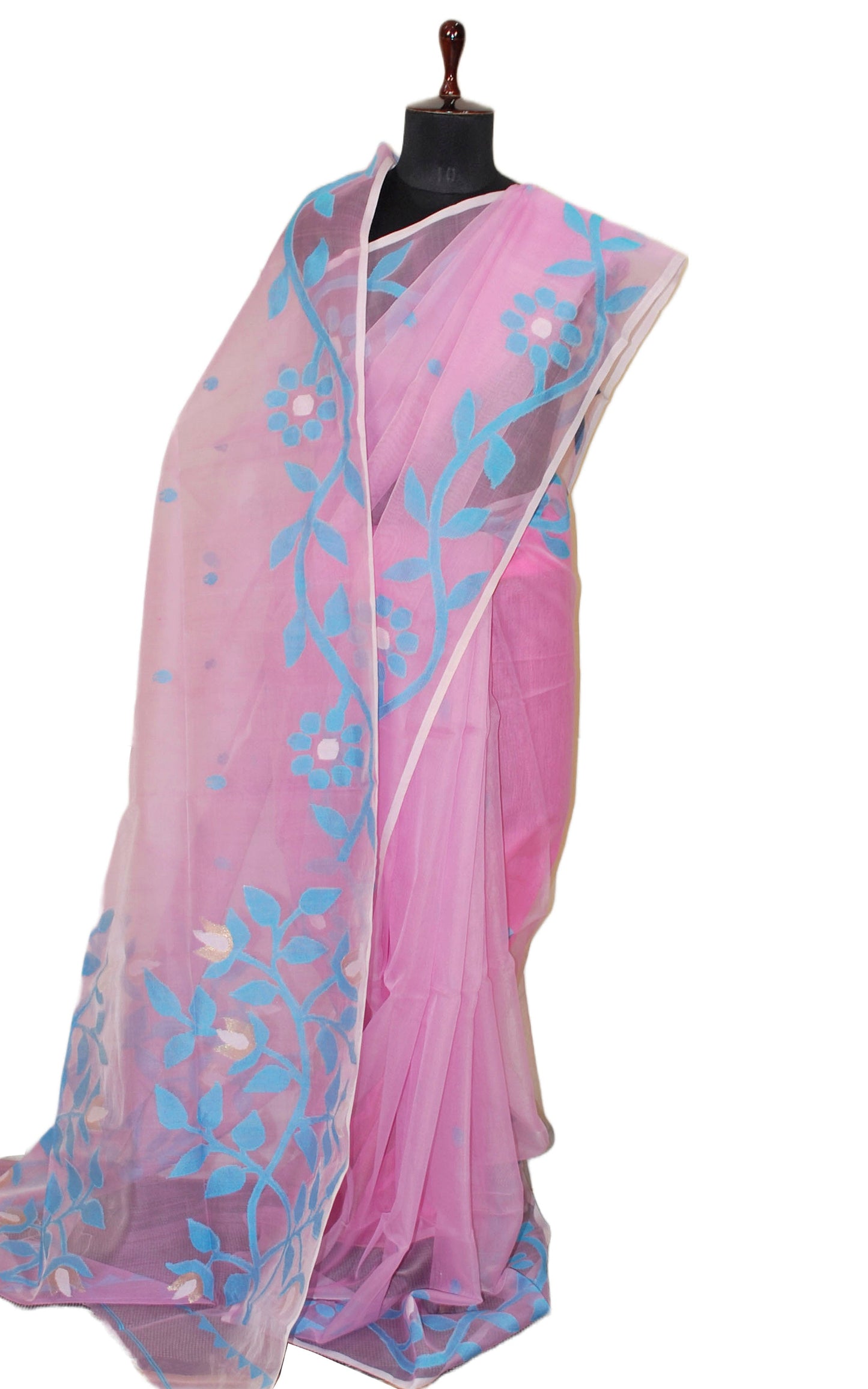 Handwoven Nakshi Work Muslin Jamdani Silk Saree in Baby Pink. Pastel Blue and Off White