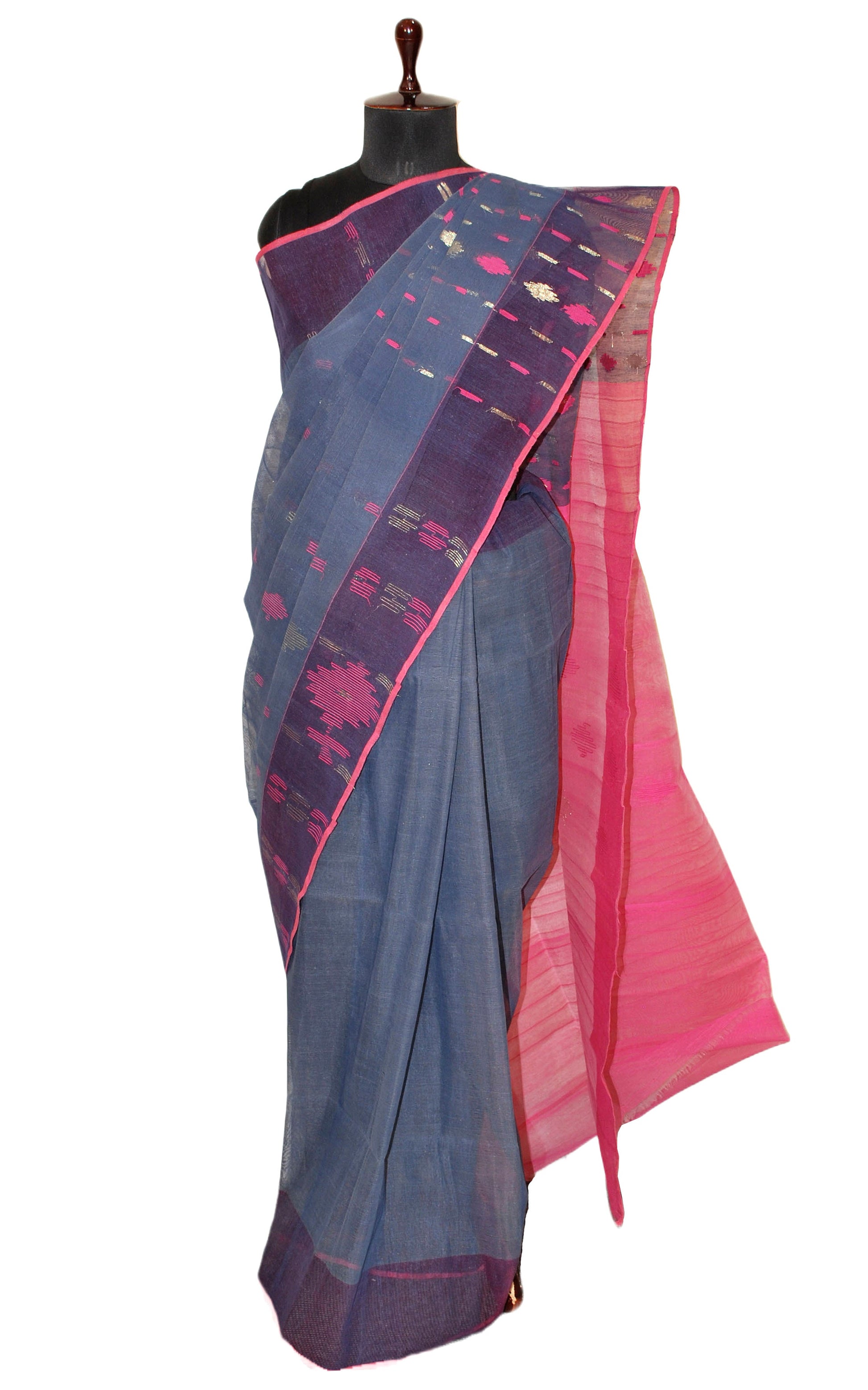 Hand Karat Work Muslin Jamdani Saree in Anchor Grey, Hot Pink and Muted Gold