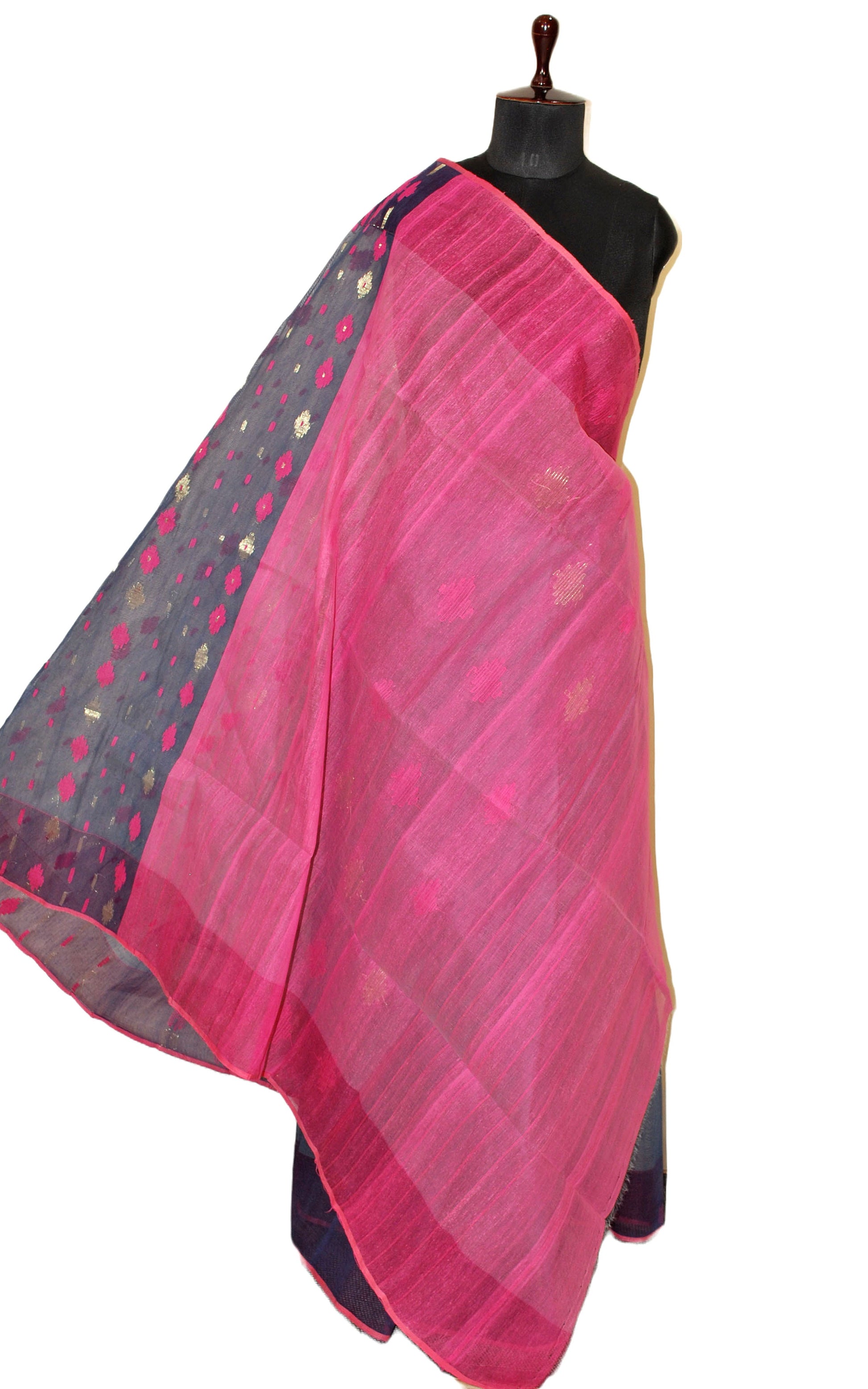 Hand Karat Work Muslin Jamdani Saree in Anchor Grey, Hot Pink and Muted Gold