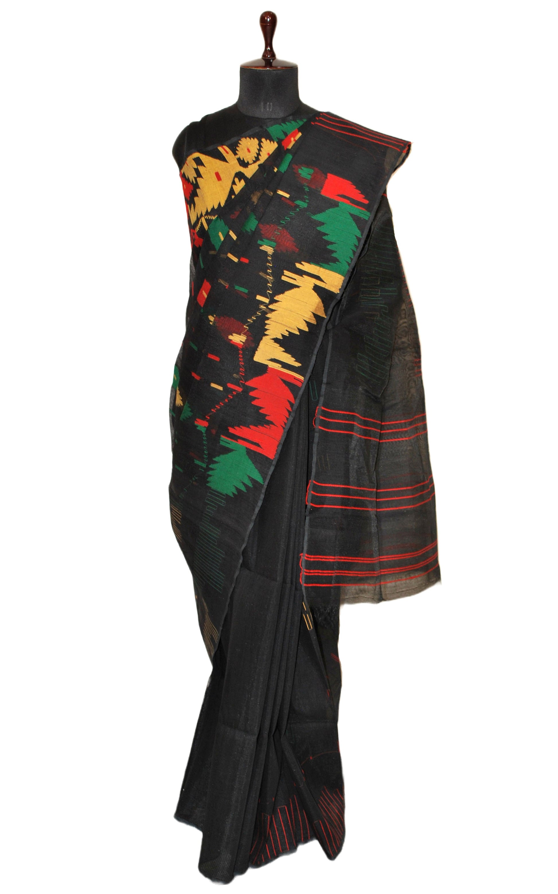 Hand Karat Work Muslin Jamdani Saree in Black and Multicolored Thread Nakshi Work