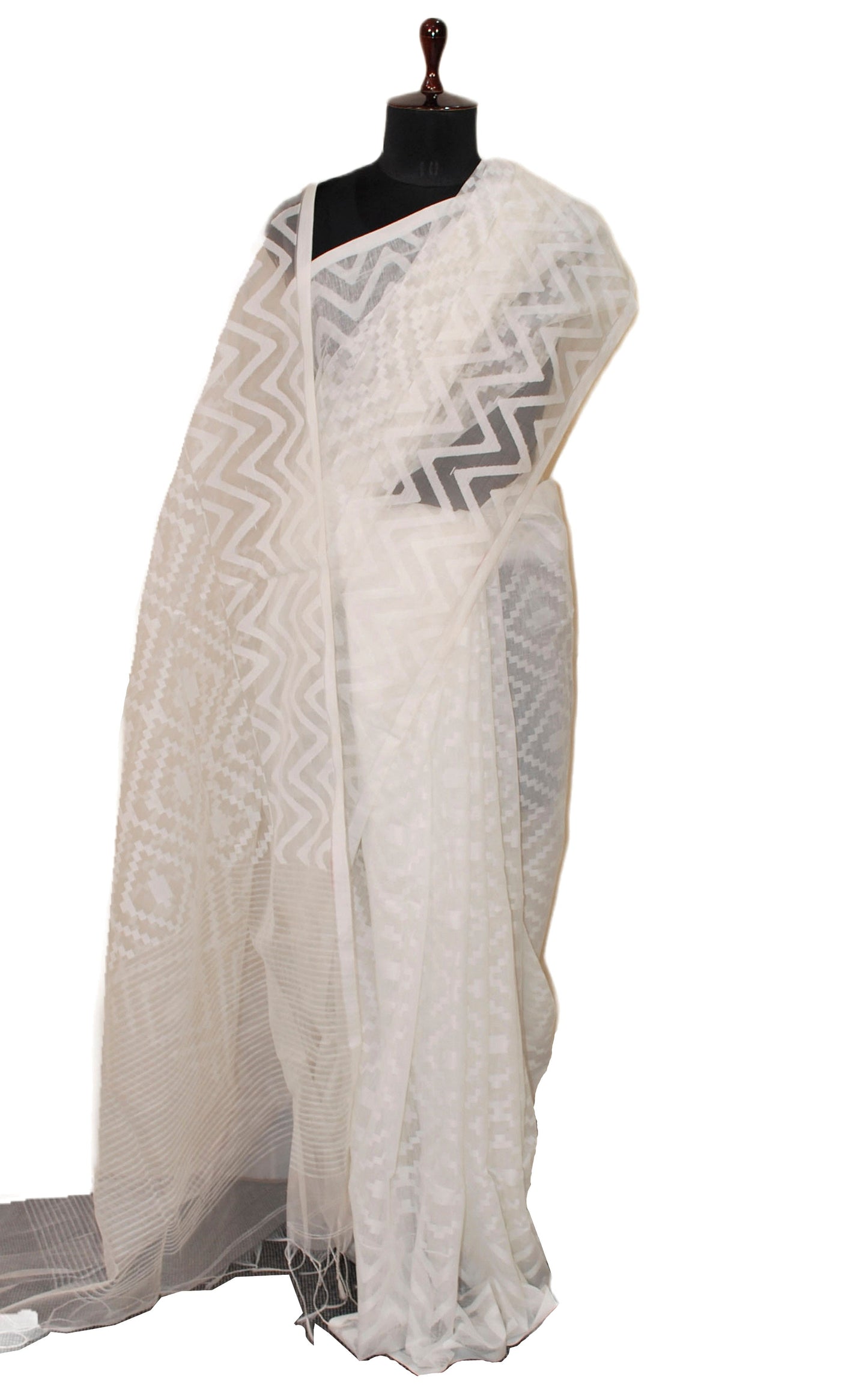 Sholapuri Work Soft Muslin Jamdani Silk Saree in Off White and White Thread Work