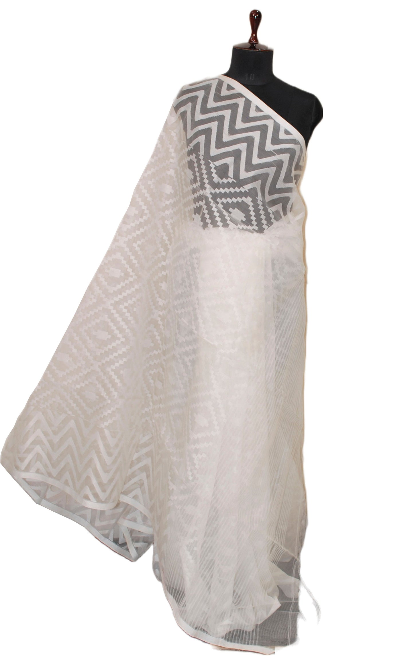 Sholapuri Work Soft Muslin Jamdani Silk Saree in Off White and White Thread Work