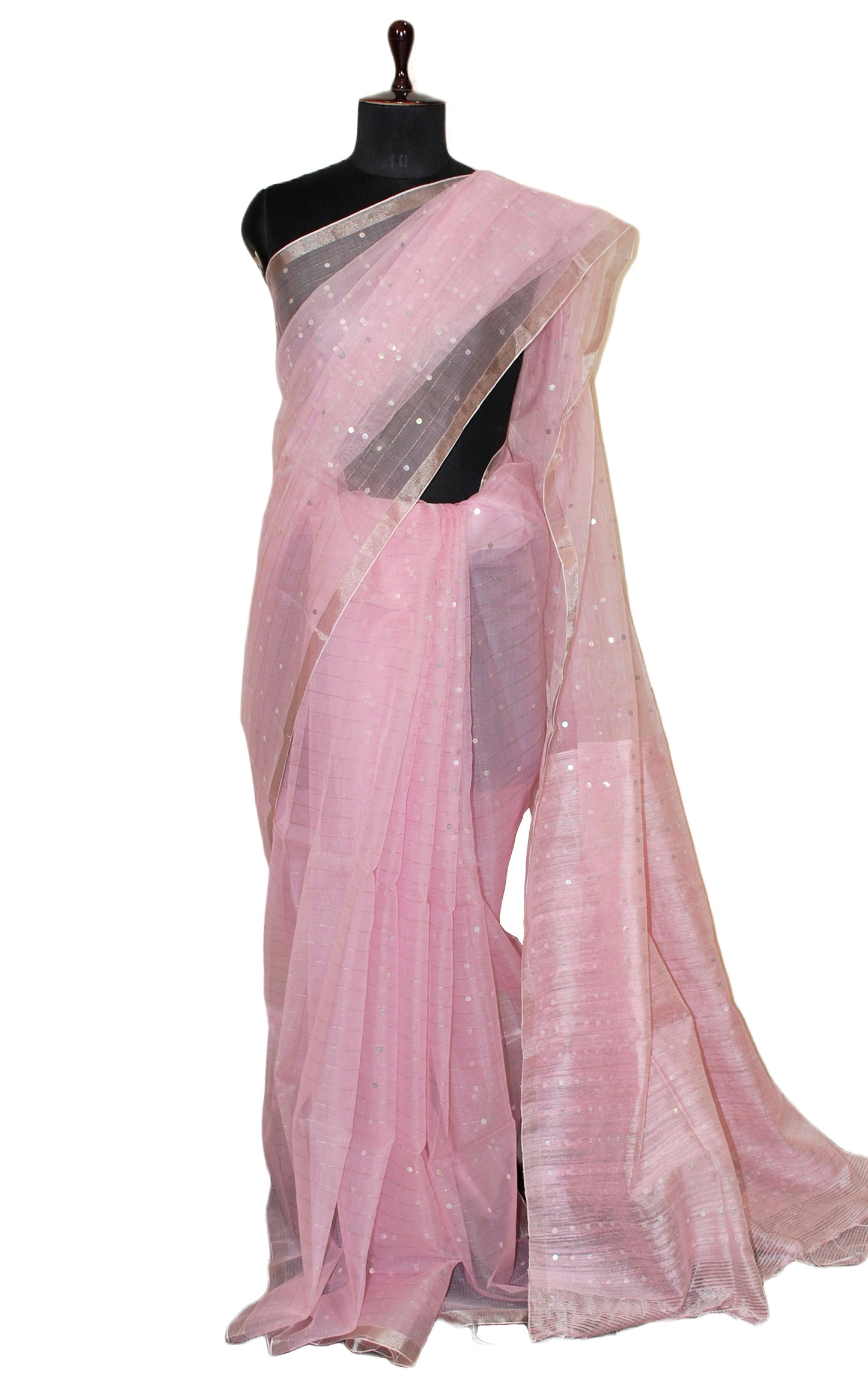 Sequin Inlaid Muslin Silk Saree with Raw Silk Pallu in Frosted Pink