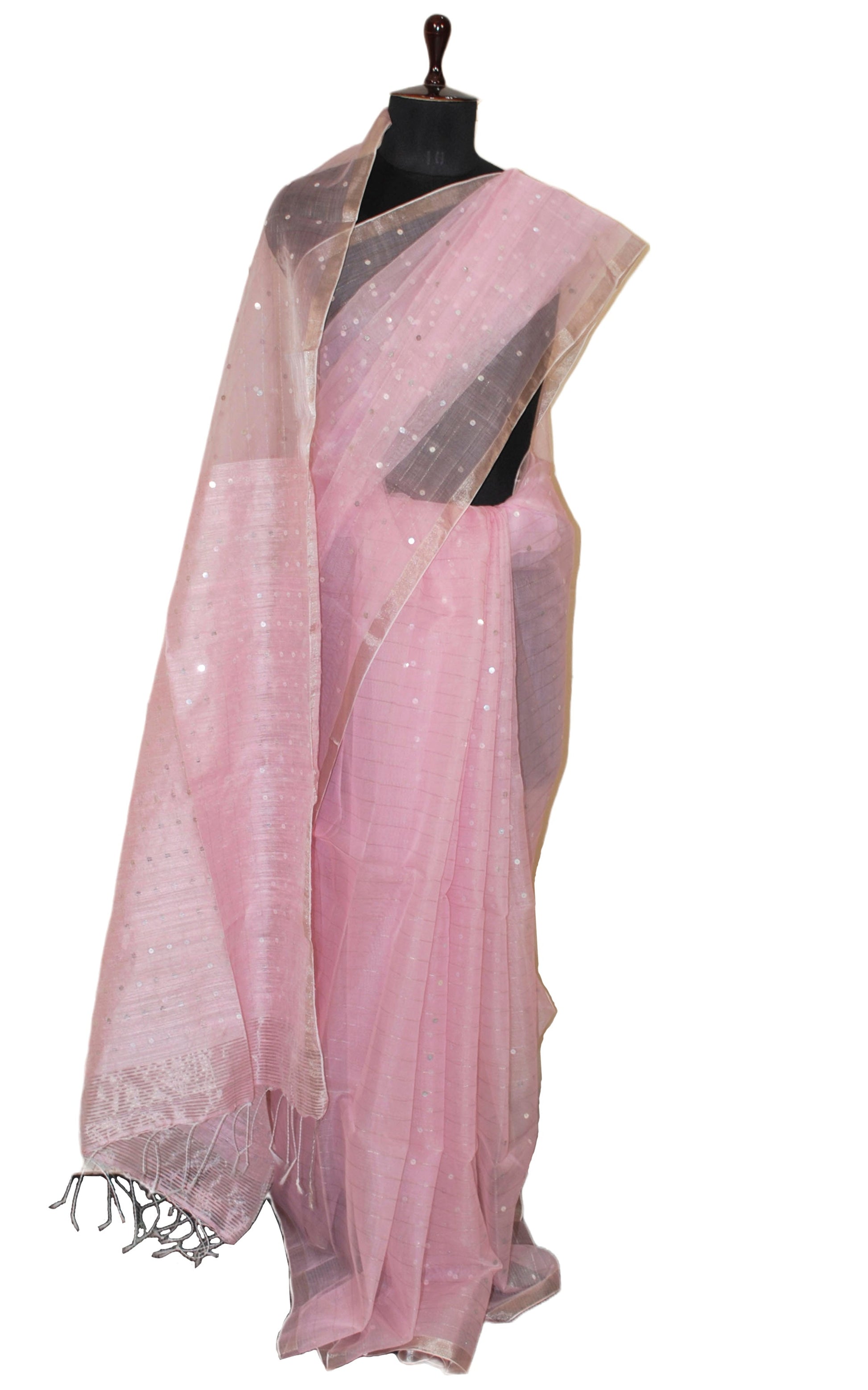 Sequin Inlaid Muslin Silk Saree with Raw Silk Pallu in Frosted Pink