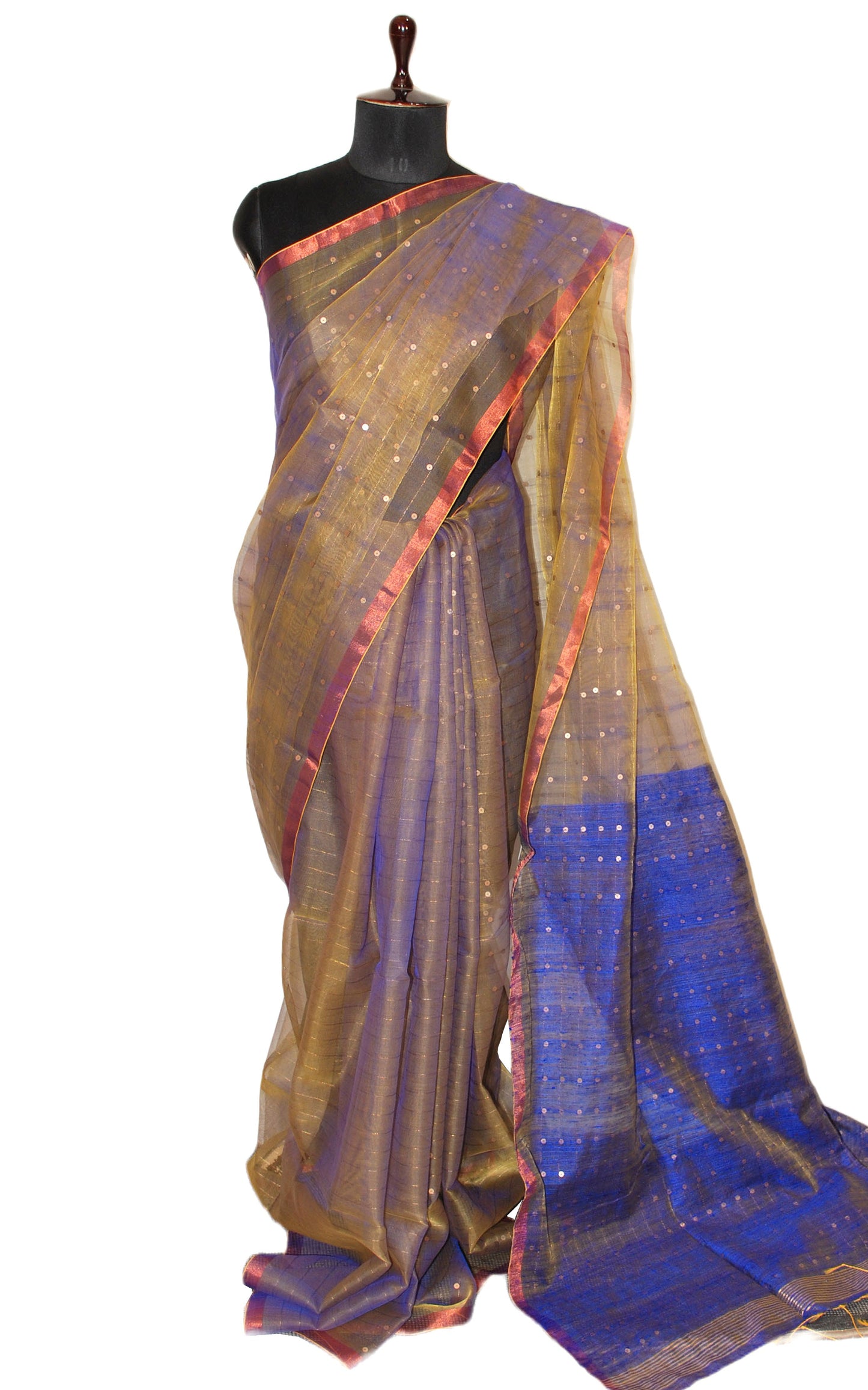 Sequin Inlaid Muslin Silk Saree with Raw Silk Pallu in Metallic Golden and Royal Blue