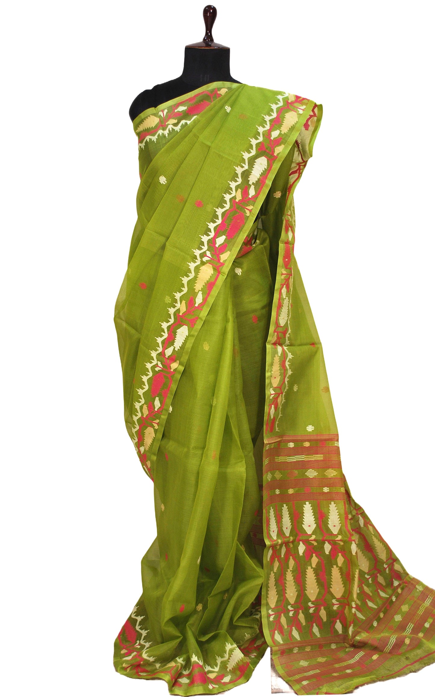 Premium Quality Silk Jamdani Saree in Pista Green, Off White, Beige and Hot Pink