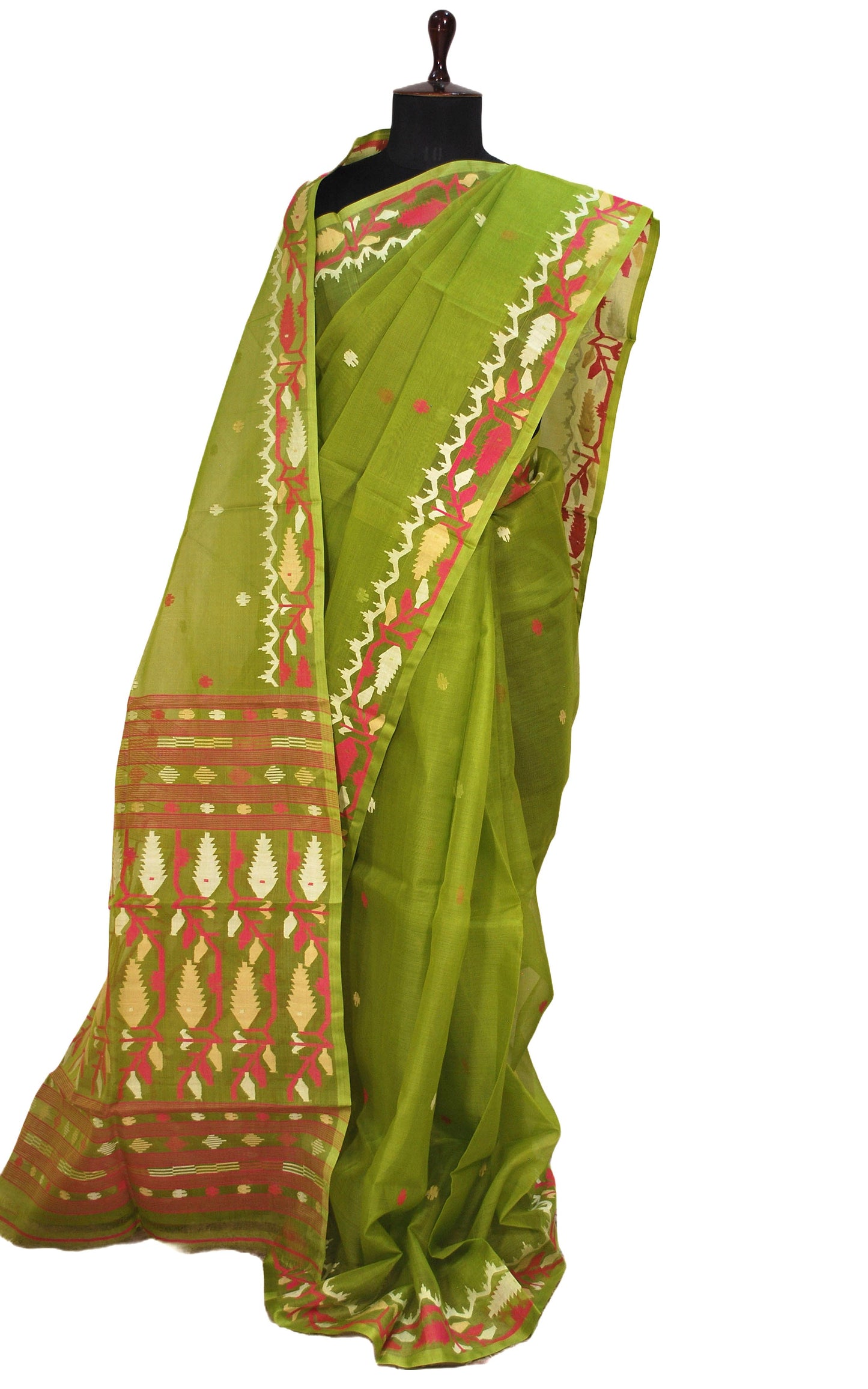 Premium Quality Silk Jamdani Saree in Pista Green, Off White, Beige and Hot Pink