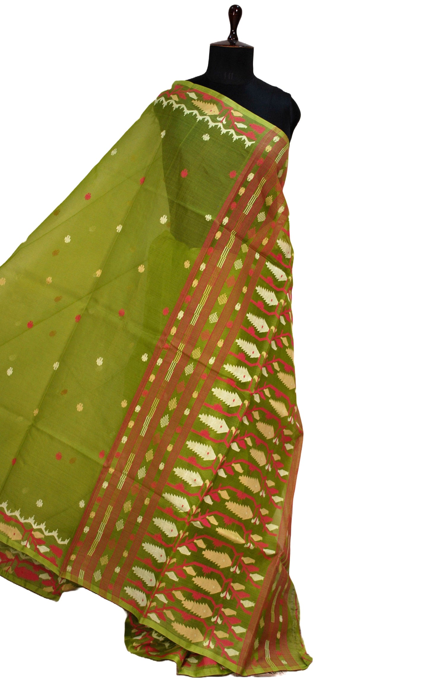 Premium Quality Silk Jamdani Saree in Pista Green, Off White, Beige and Hot Pink