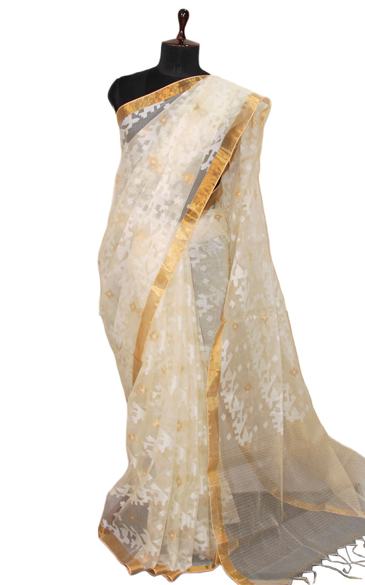 Traditional Sholapuri Work Muslin Jamdani Silk Saree in Beige, Off White and Gold Zari Selvage