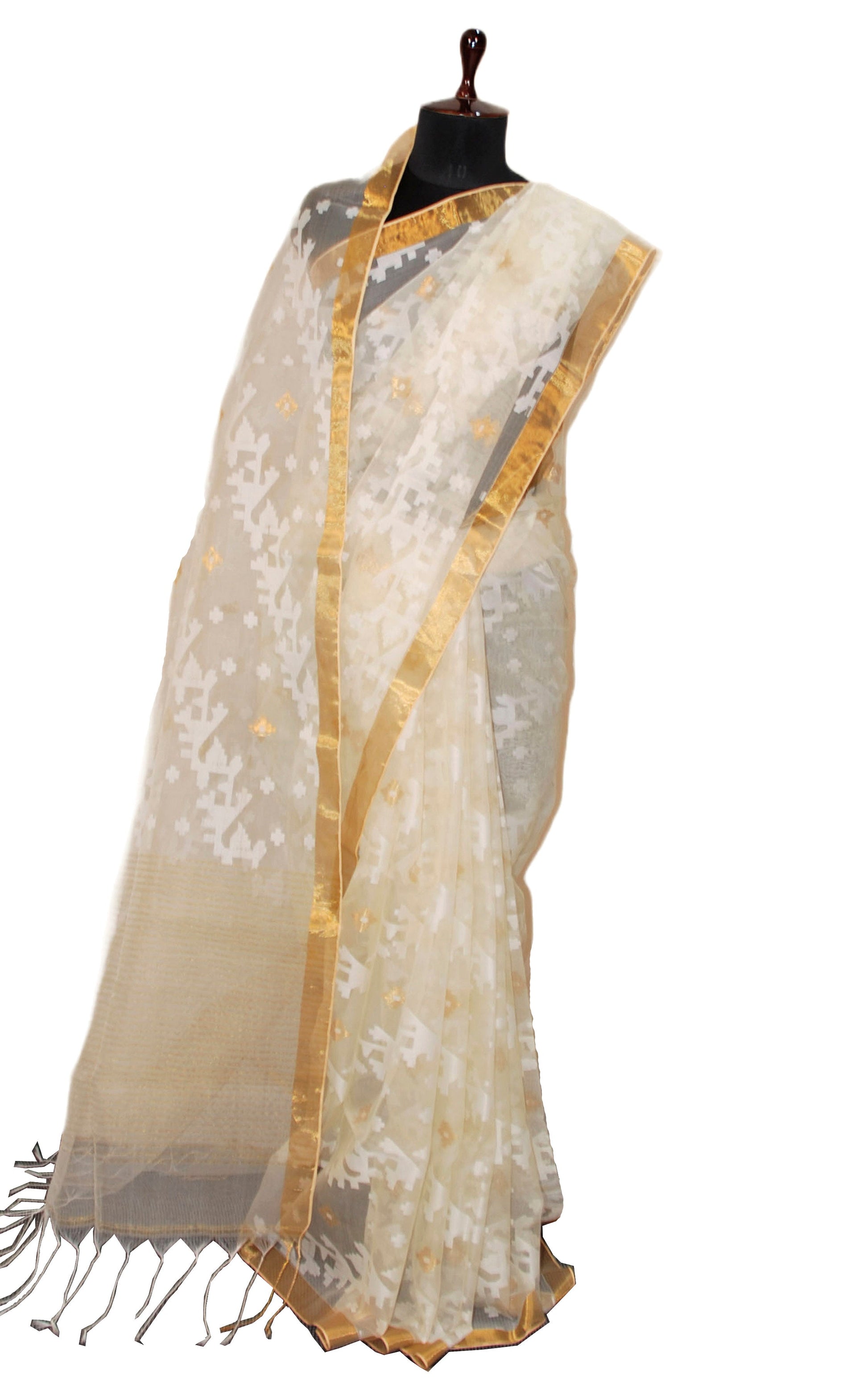 Traditional Sholapuri Work Muslin Jamdani Silk Saree in Beige, Off White and Gold Zari Selvage