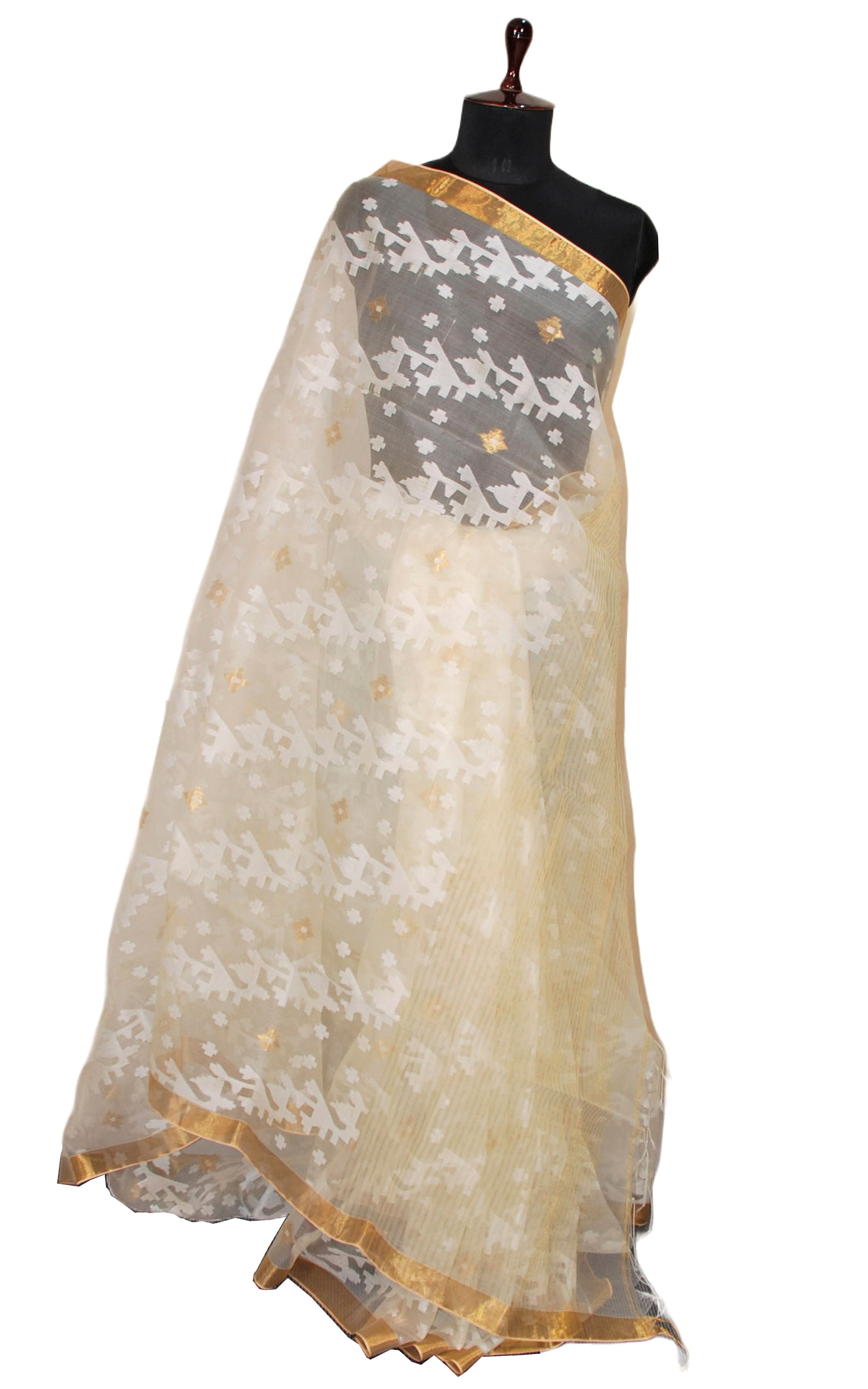 Traditional Sholapuri Work Muslin Jamdani Silk Saree in Beige, Off White and Gold Zari Selvage