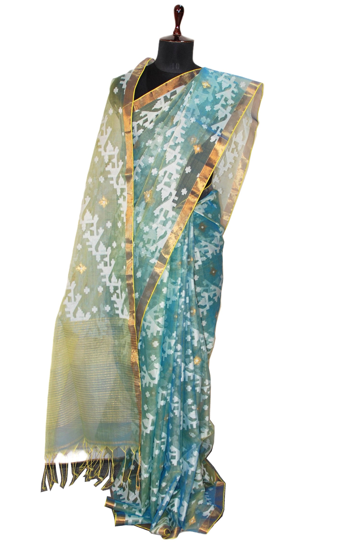 Traditional Sholapuri Work Muslin Jamdani Silk Saree in Aqua Green, Off White and Gold Zari Selvage