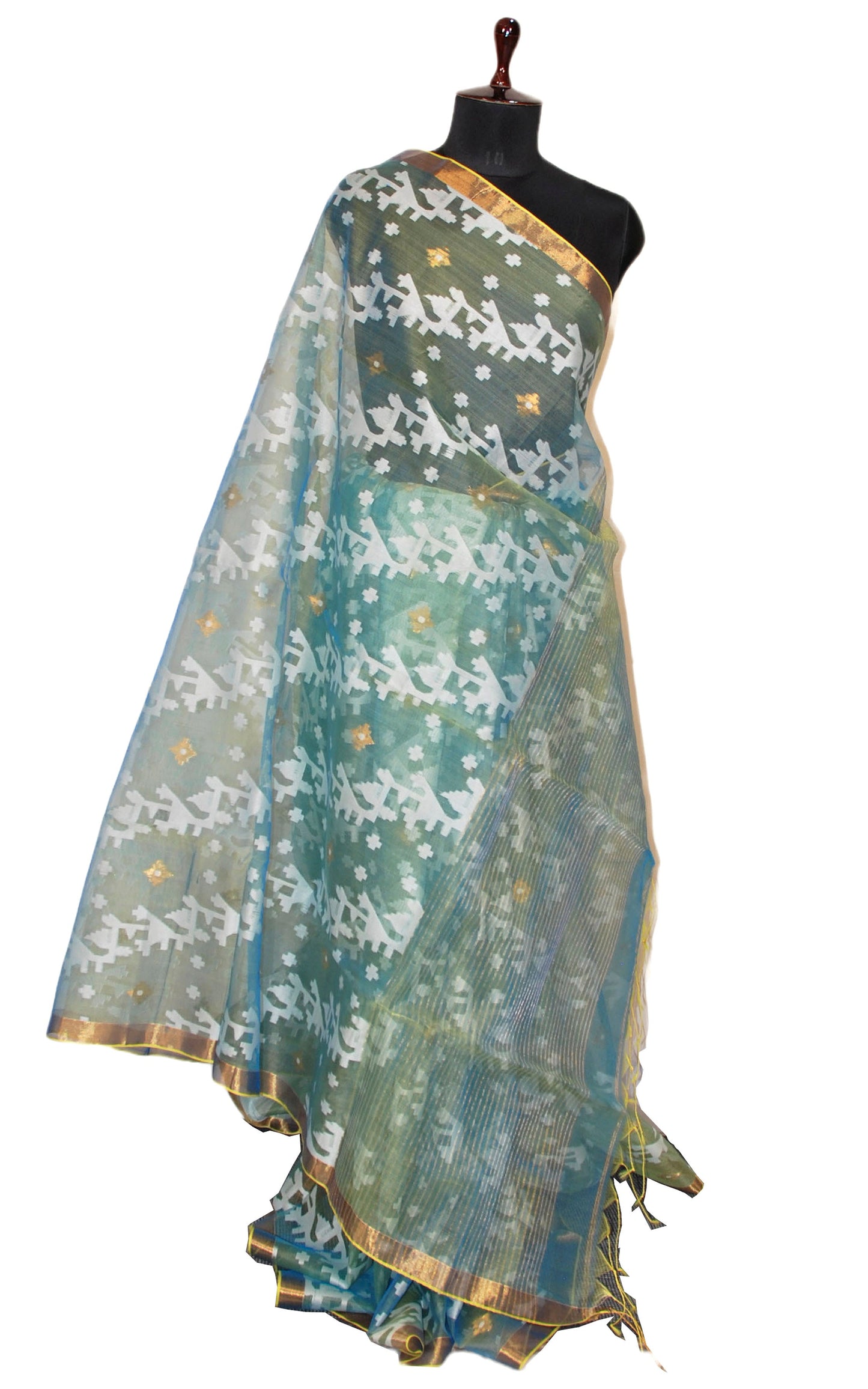 Traditional Sholapuri Work Muslin Jamdani Silk Saree in Aqua Green, Off White and Gold Zari Selvage