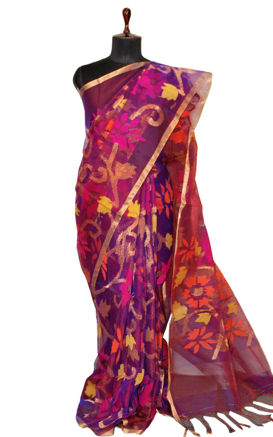 Premium Quality Muslin Silk Jamdani Saree in Purple, Magenta and Multicolored Thread Work