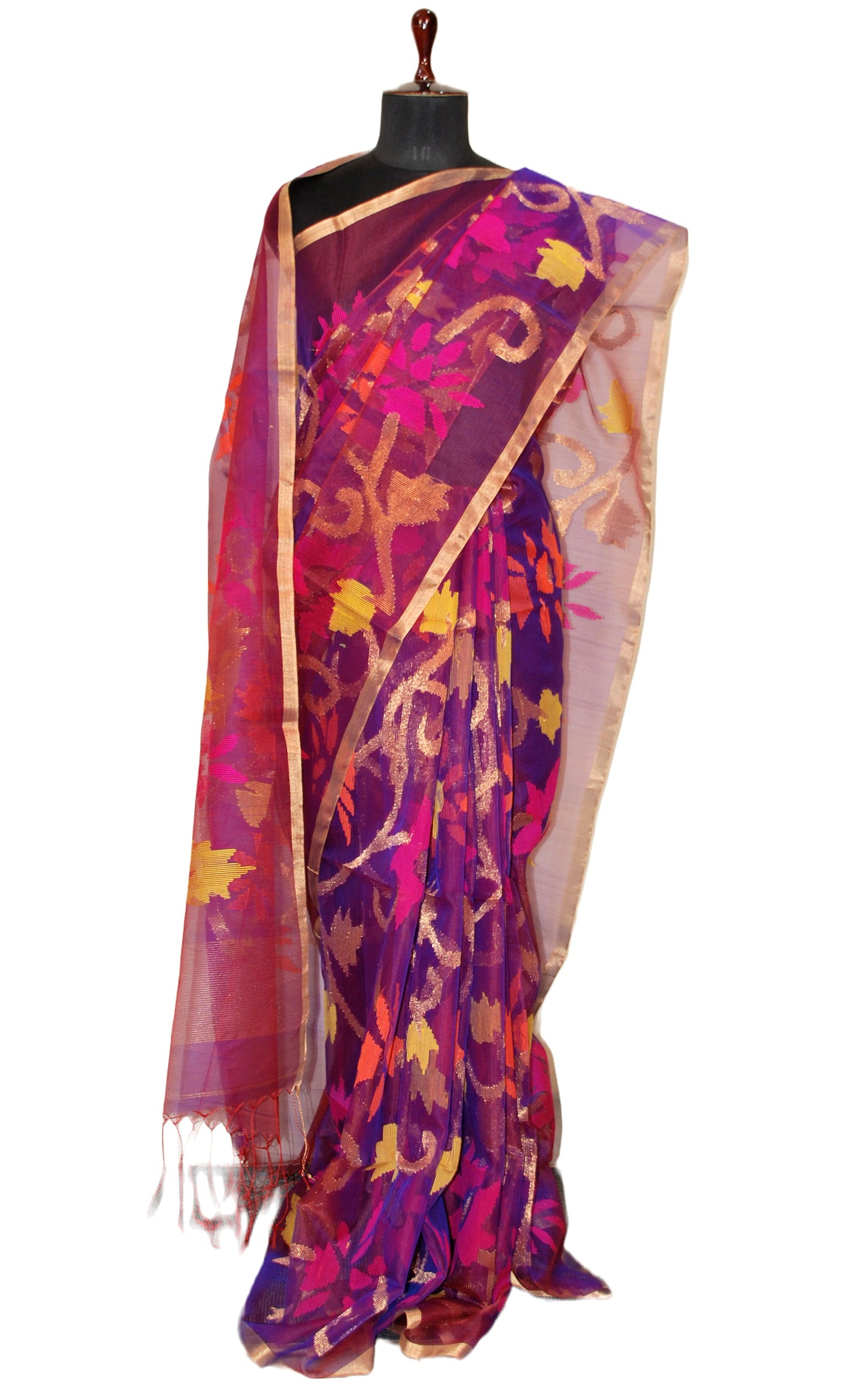 Premium Quality Muslin Silk Jamdani Saree in Purple, Magenta and Multicolored Thread Work