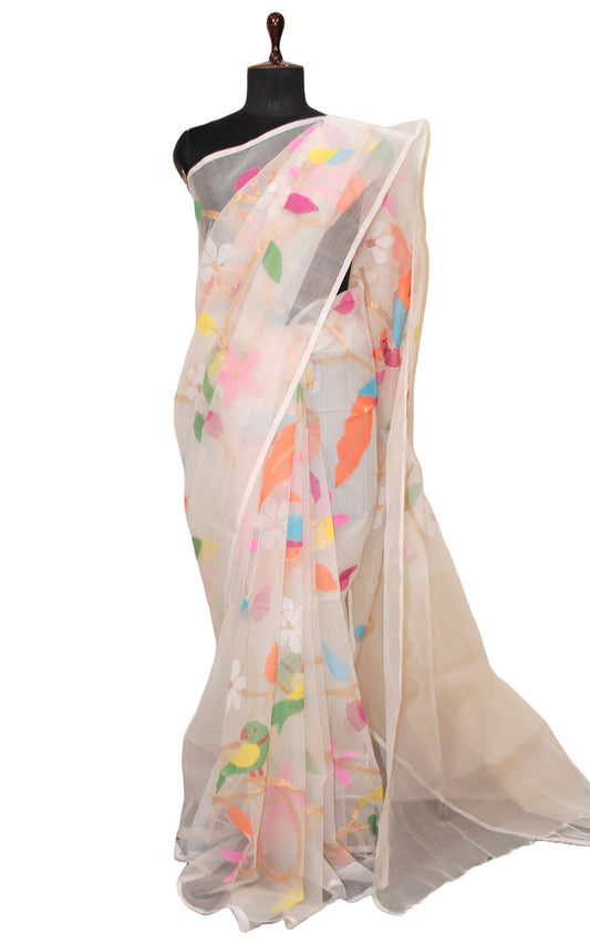 Peacock and Floral Motif Work Muslin Silk Jamdani Saree in Pearl White, Golden and Multicolored Thread Work