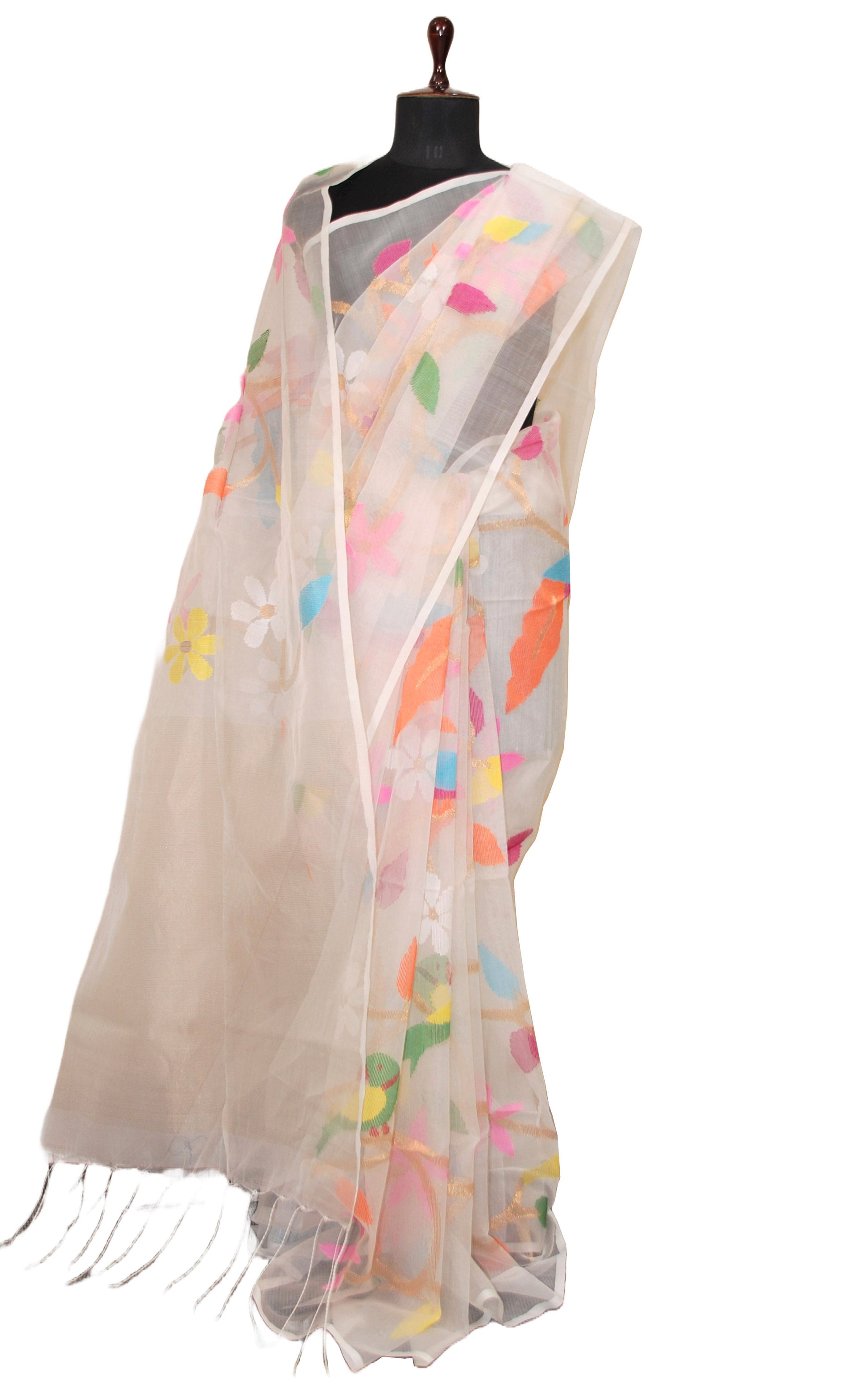 Peacock and Floral Motif Work Muslin Silk Jamdani Saree in Pearl White, Golden and Multicolored Thread Work