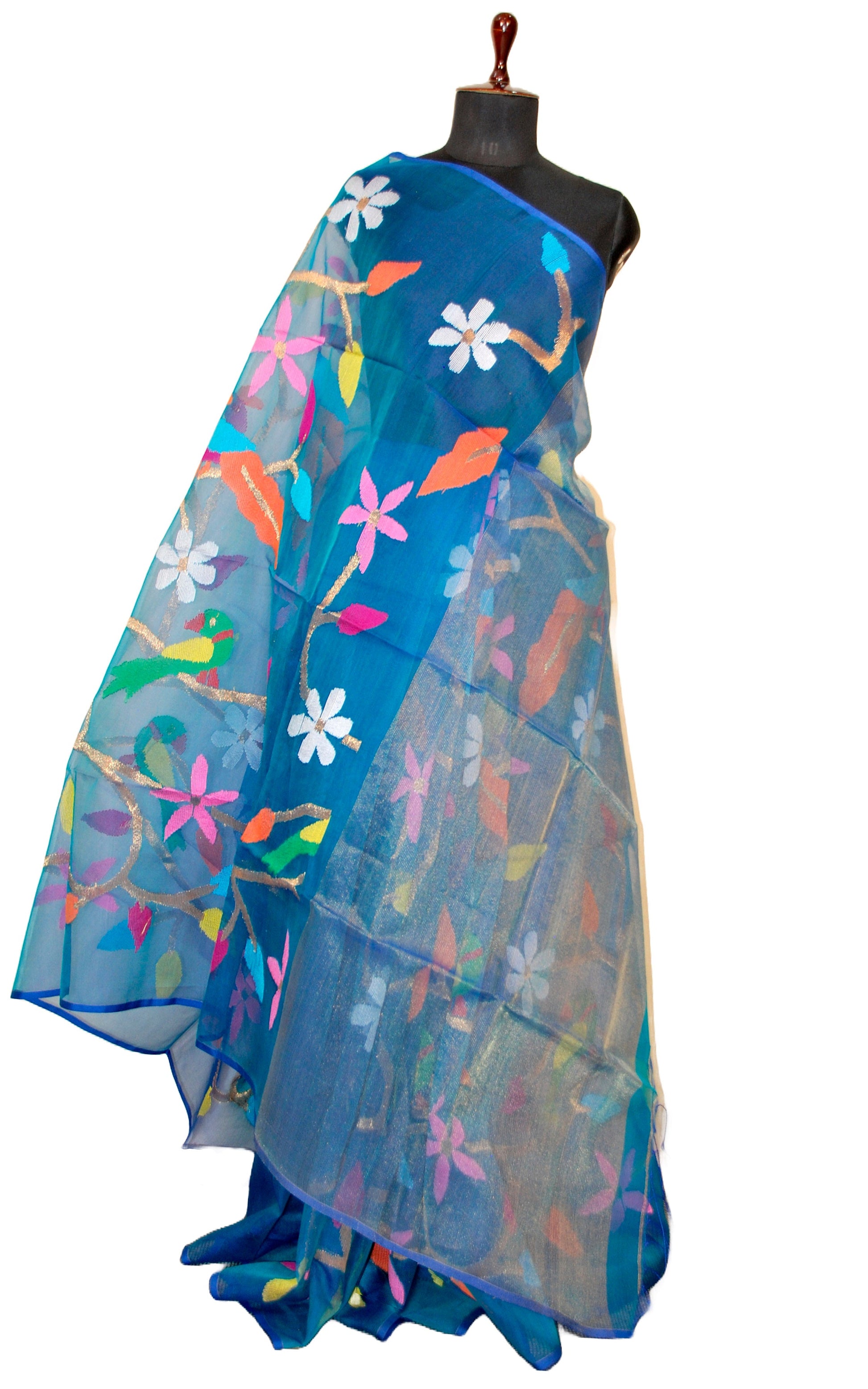 Peacock and Floral Motif Work Muslin Silk Jamdani Saree in Peacock Blue, Golden and Multicolored Thread Work