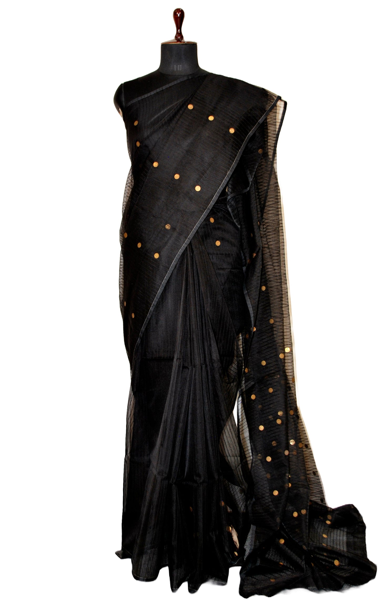 Designer Woven Antique Ginni Work Skirt Border Muslin Matka Silk Saree in Black and Antique Gold