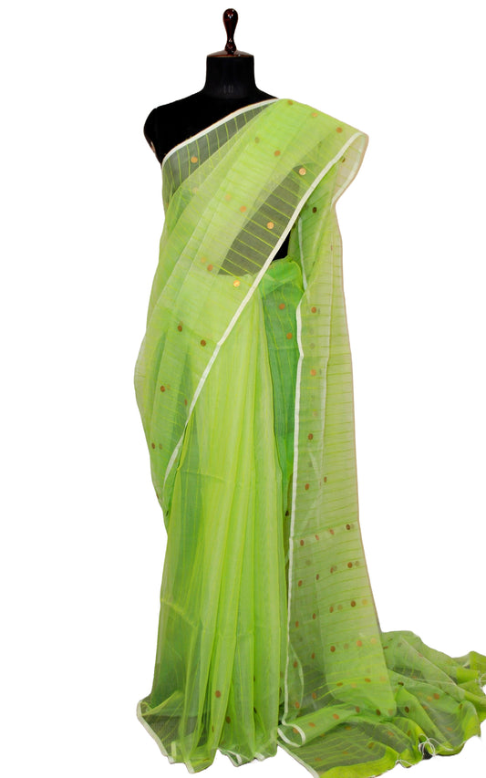 Designer Woven Antique Ginni Work Skirt Border Muslin Matka Silk Saree in Light Green, Off White and Antique Gold