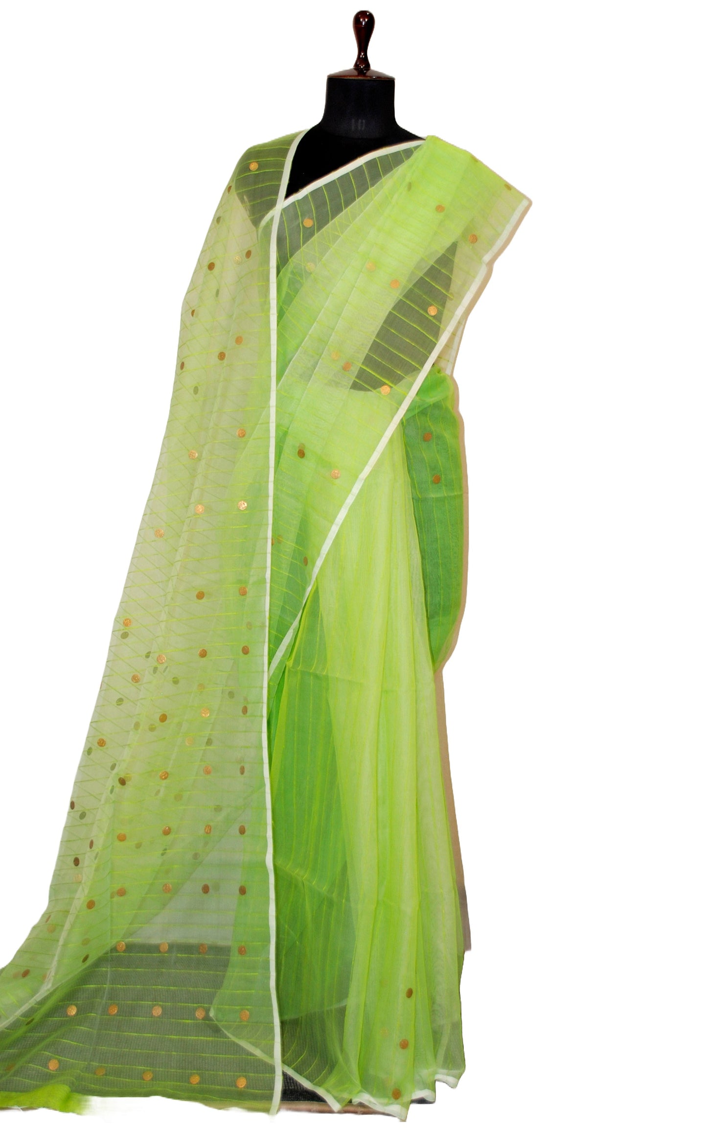 Designer Woven Antique Ginni Work Skirt Border Muslin Matka Silk Saree in Light Green, Off White and Antique Gold