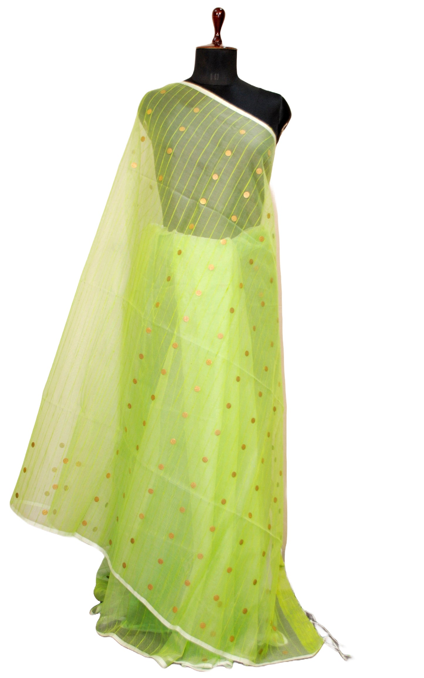 Designer Woven Antique Ginni Work Skirt Border Muslin Matka Silk Saree in Light Green, Off White and Antique Gold