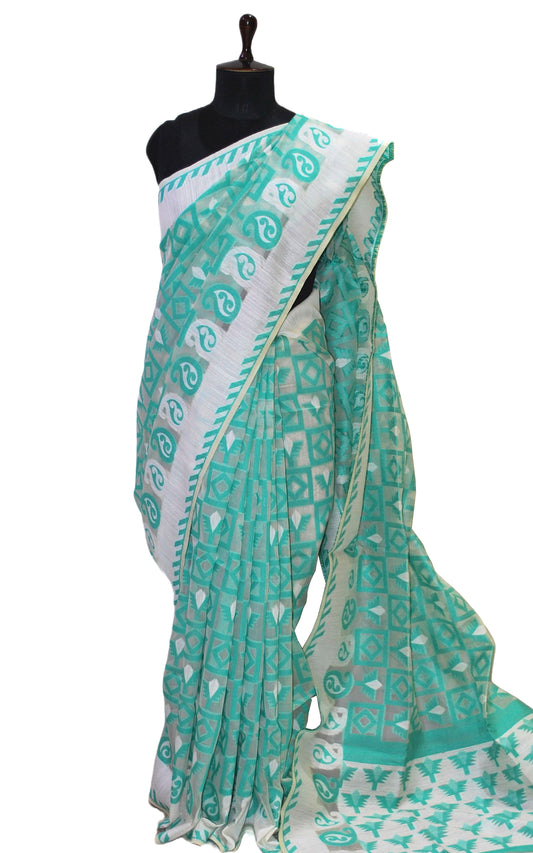 Blended Cotton Muslin Jamdani Saree in Sea Green and Off White