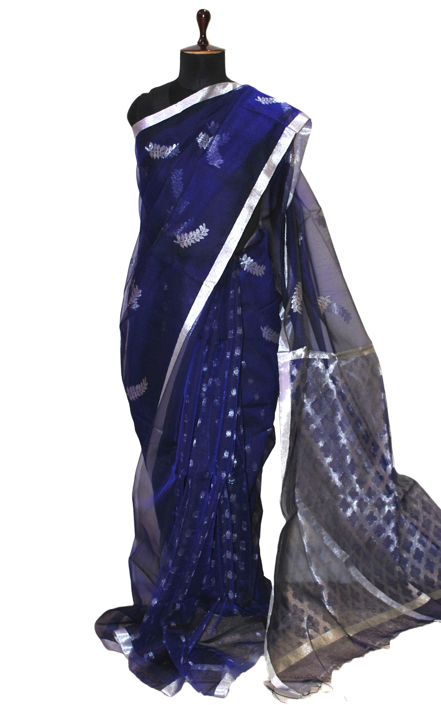 Soft Muslin Jamdani Saree in Dark Blue and Silver Zari Work