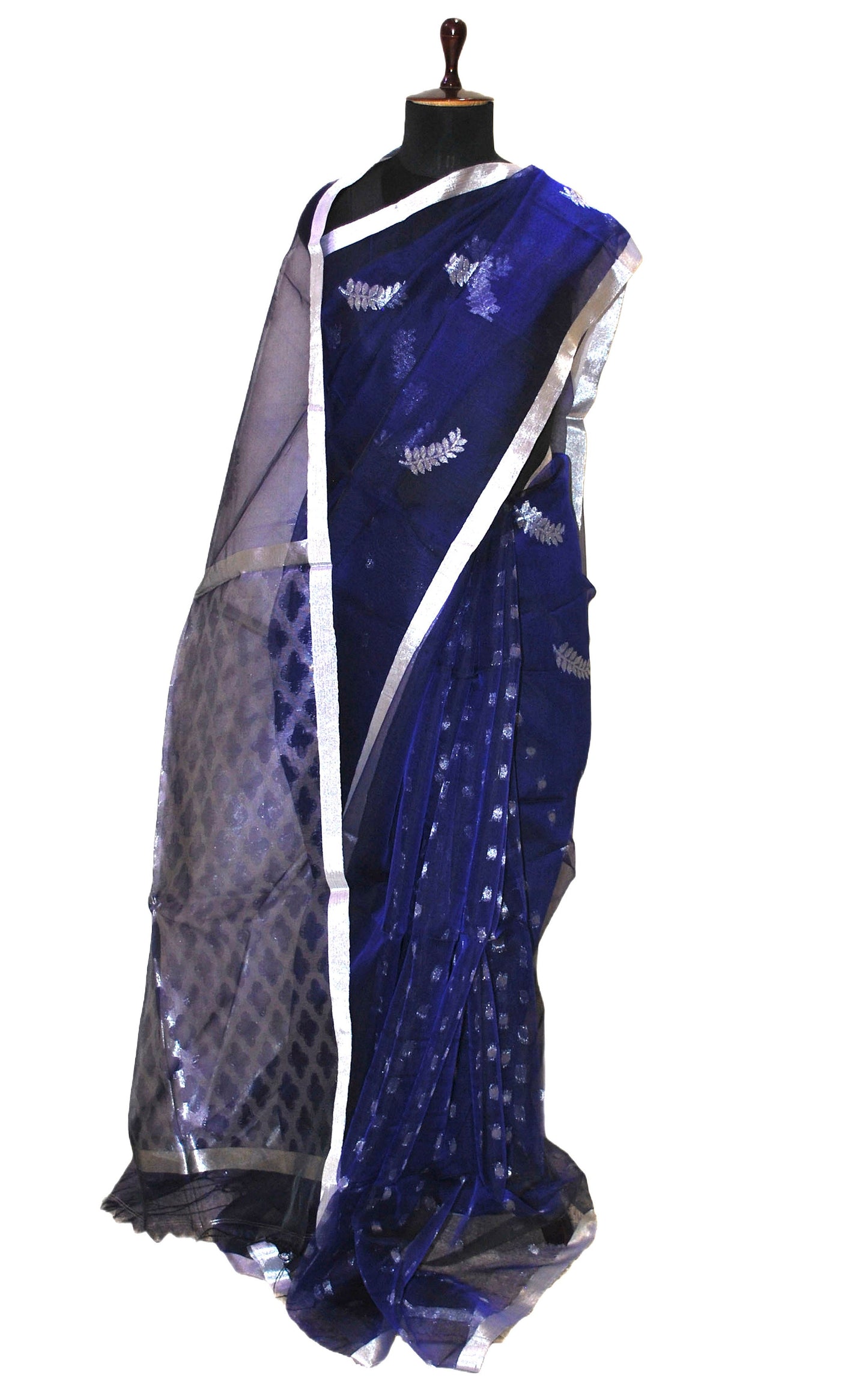 Soft Muslin Jamdani Saree in Dark Blue and Silver Zari Work