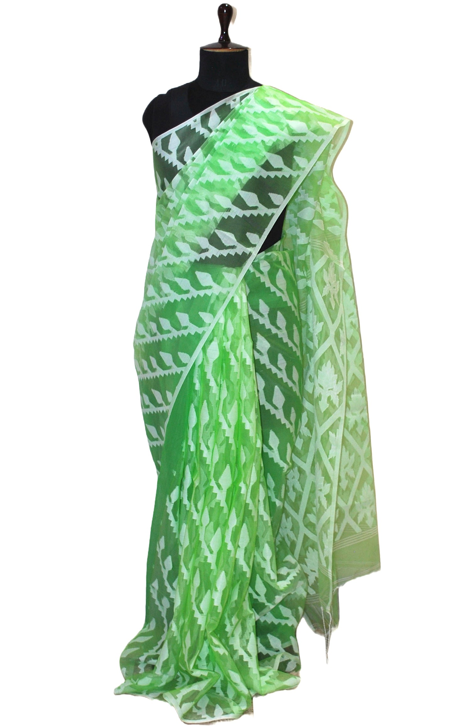 Sholapuri Thread Work Soft Muslin Jamdani Silk Saree in Pastel Green and White