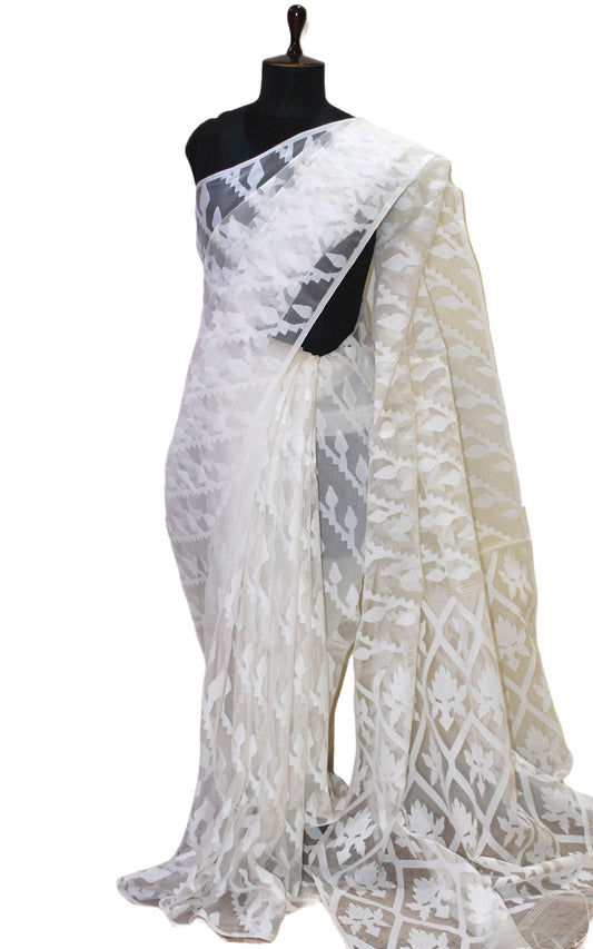 Sholapuri Thread Work Soft Muslin Jamdani Silk Saree in Off White and White