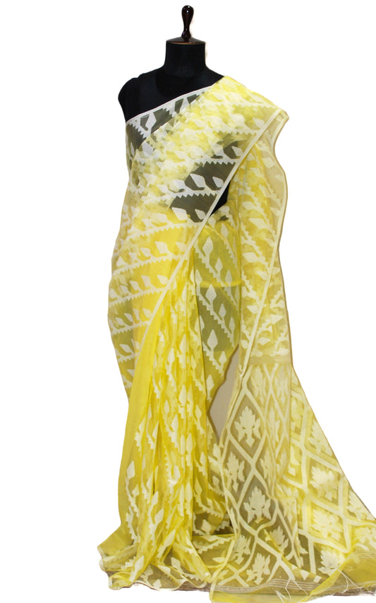 Sholapuri Thread Work Soft Muslin Jamdani Silk Saree in Pastel Yellow and Off White