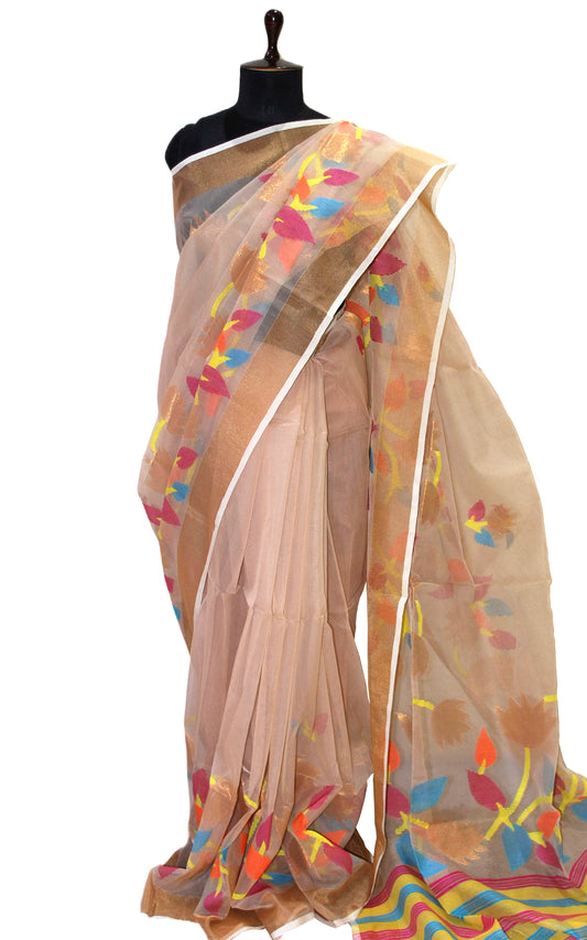 Woven Skirt Nakshi Border Silk Jamdani Saree in Cream Silk and Multicolored Thread Work