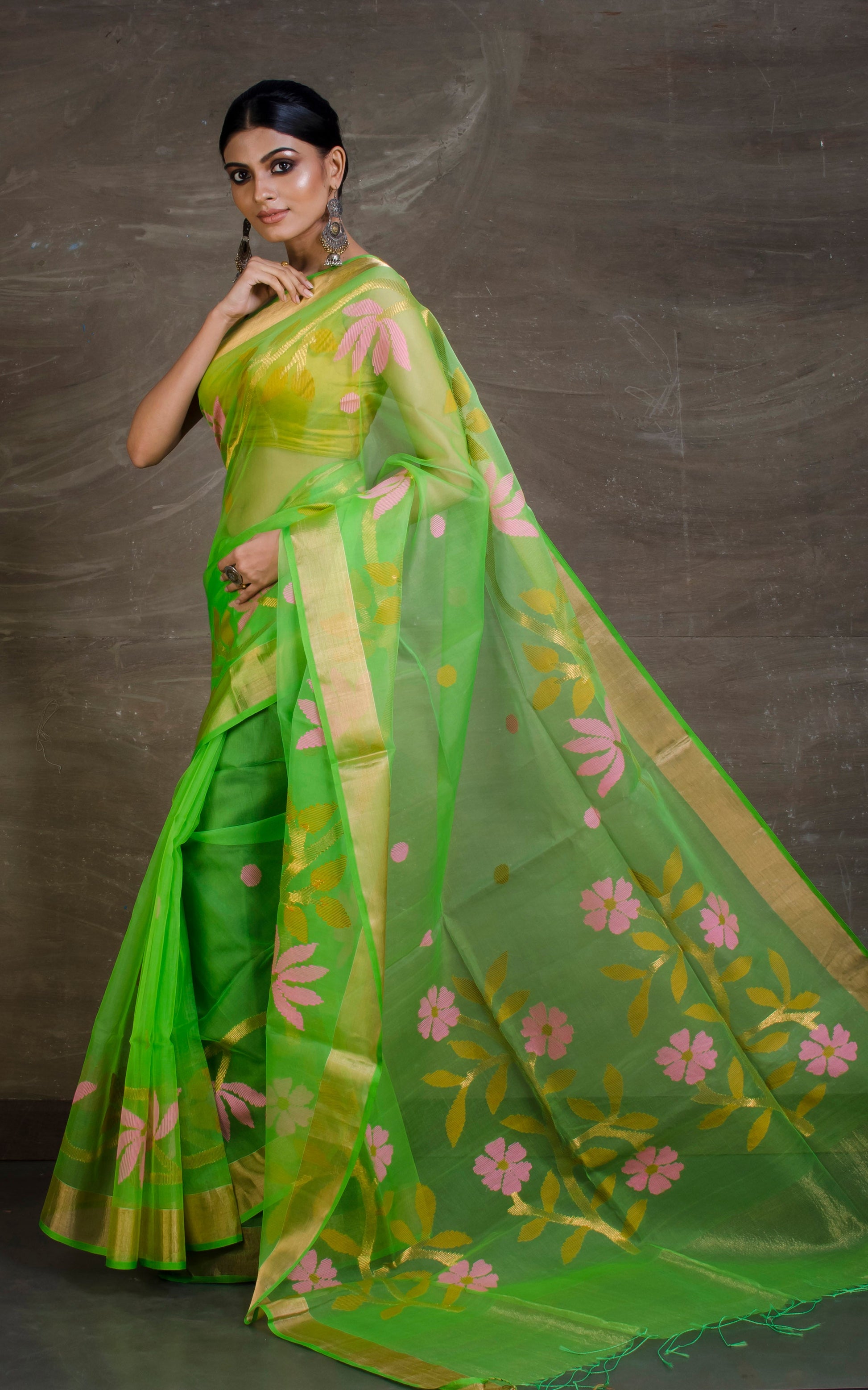 Muslin Jamdani Saree in Parrot Green and Multicolored Thread Work