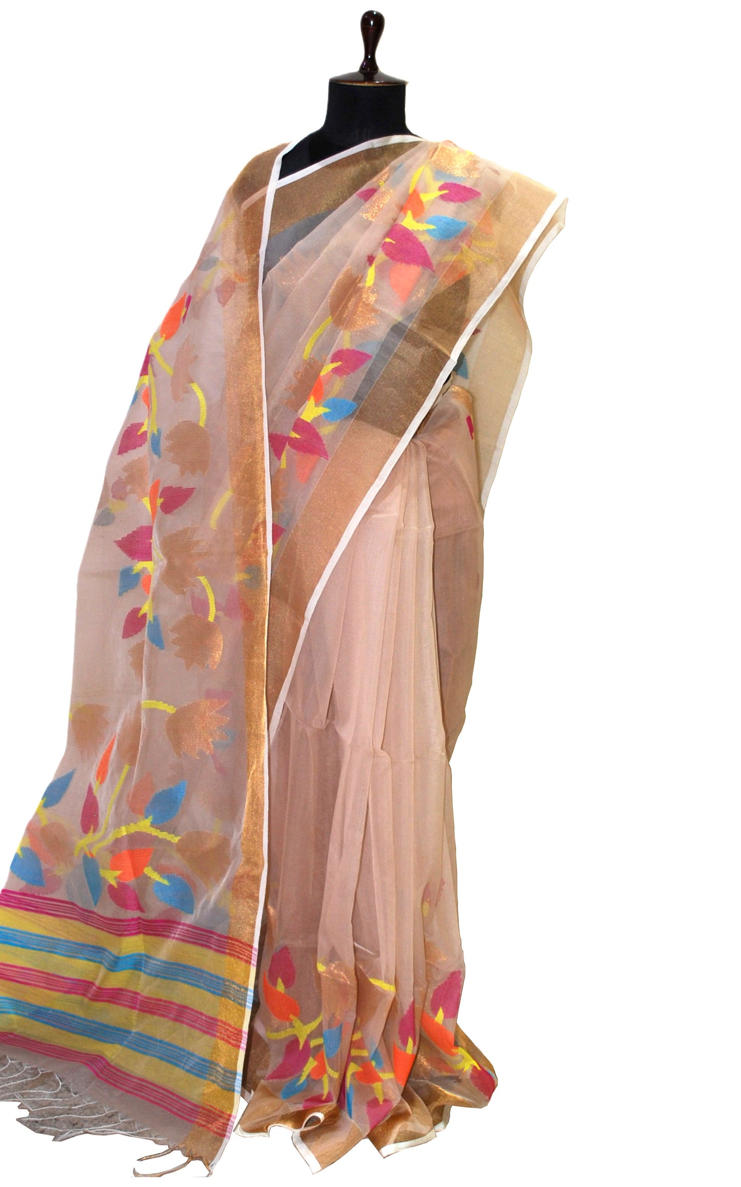 Woven Skirt Nakshi Border Silk Jamdani Saree in Cream Silk and Multicolored Thread Work