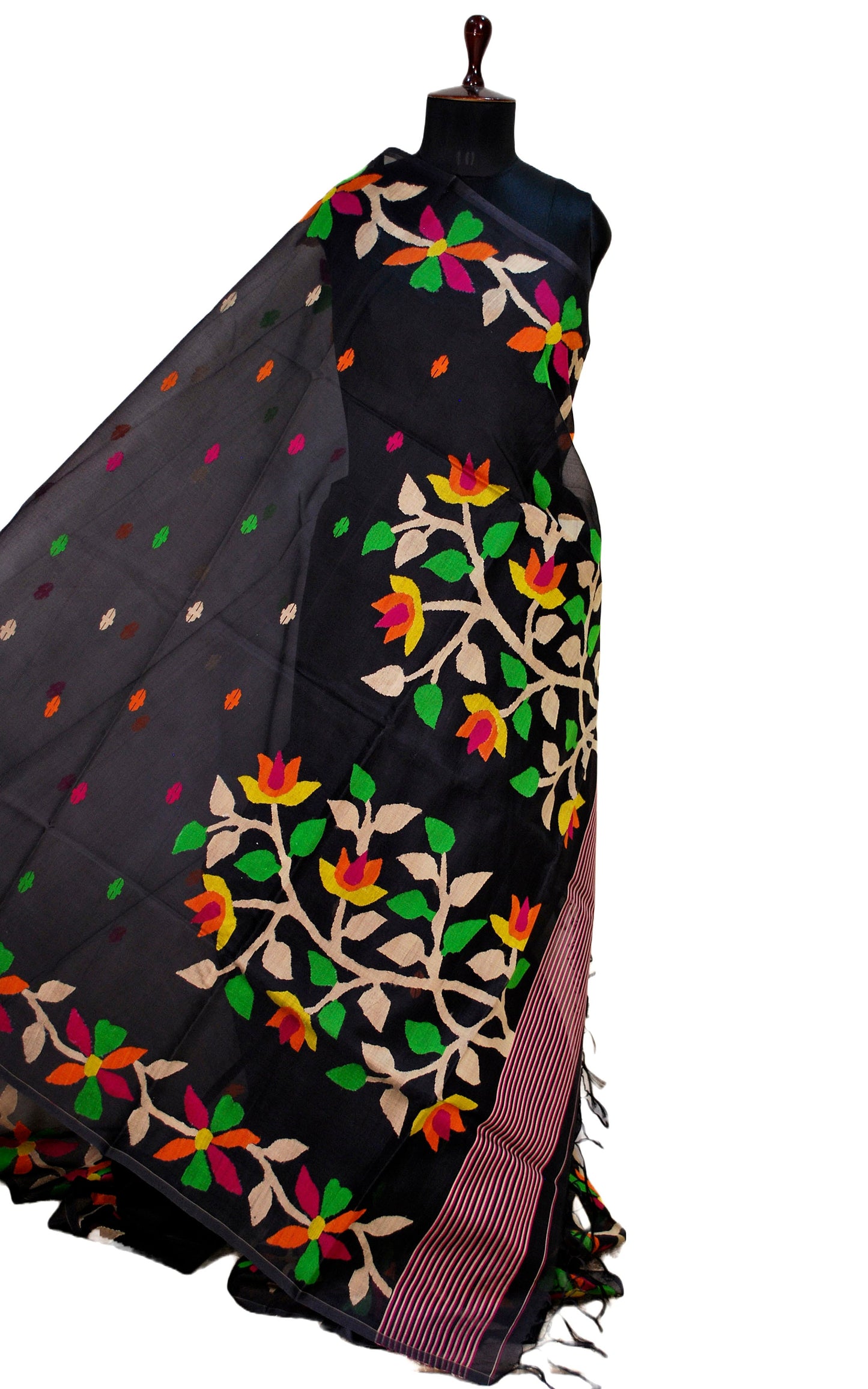 Premium Quality Muslin Silk Jamdani Saree in Black and Multicolored Thread Work