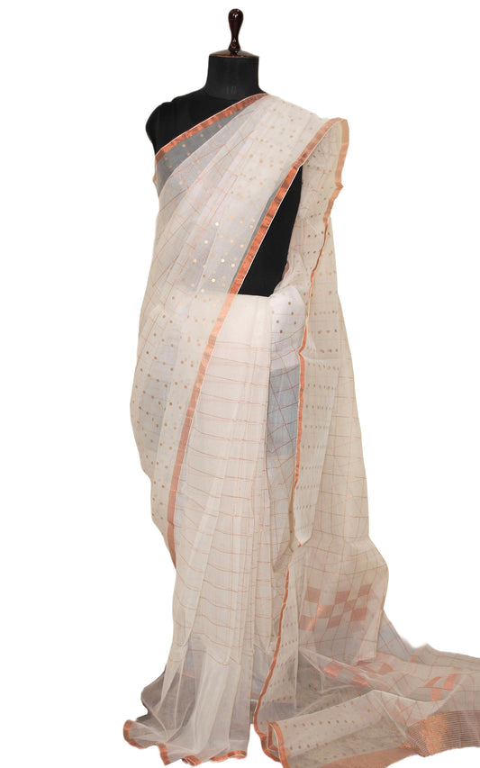 Designer Sitara Work Skirt Border Muslin Silk Saree in Off White and Copper