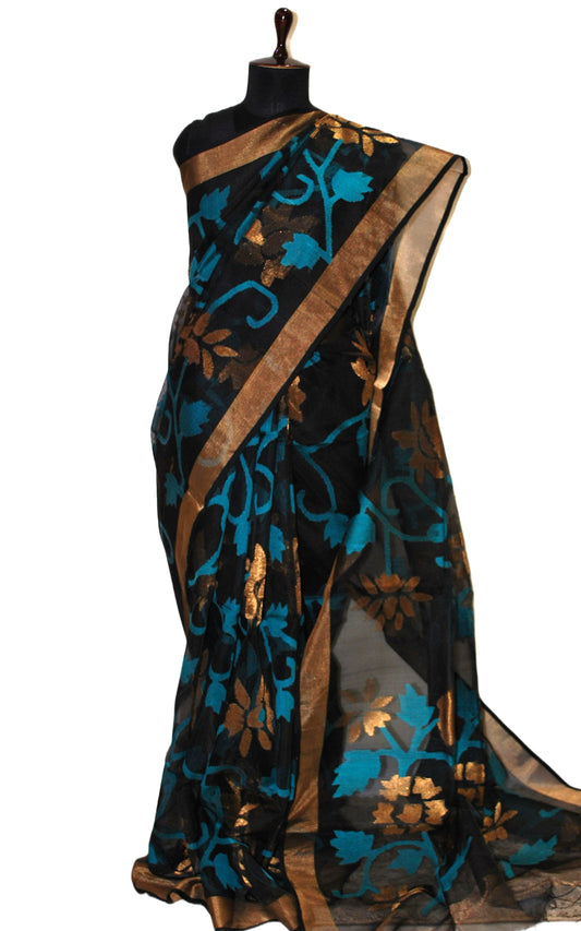 Premium Quality Muslin Silk Jamdani Saree in Black, Cyan and Matt Gold Zari Work