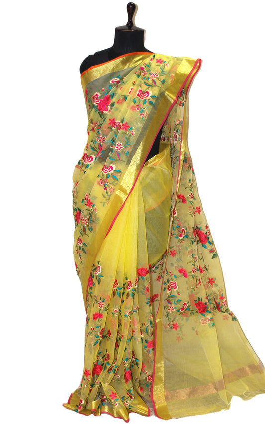 Parsi Embroidery Work Muslin Silk Saree in Lemon Yellow and Multicolored Thread Work