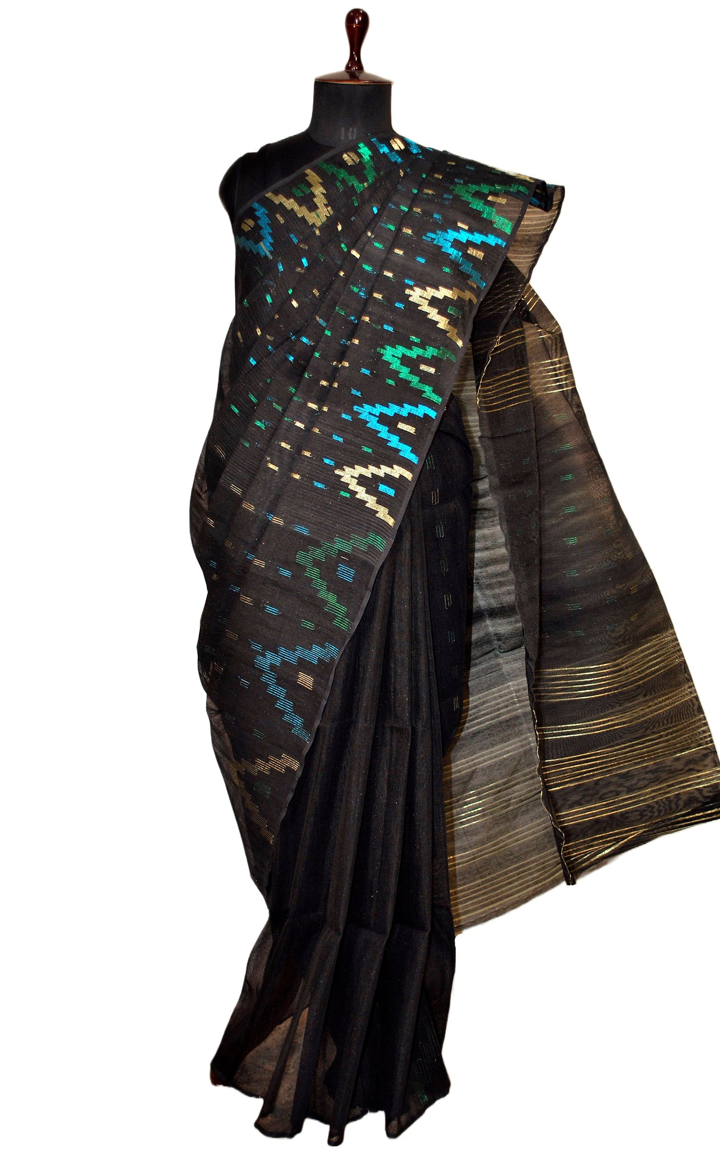 Hand Karat Work Muslin Jamdani Saree in Black and Multicolored Zari Nakshi Work