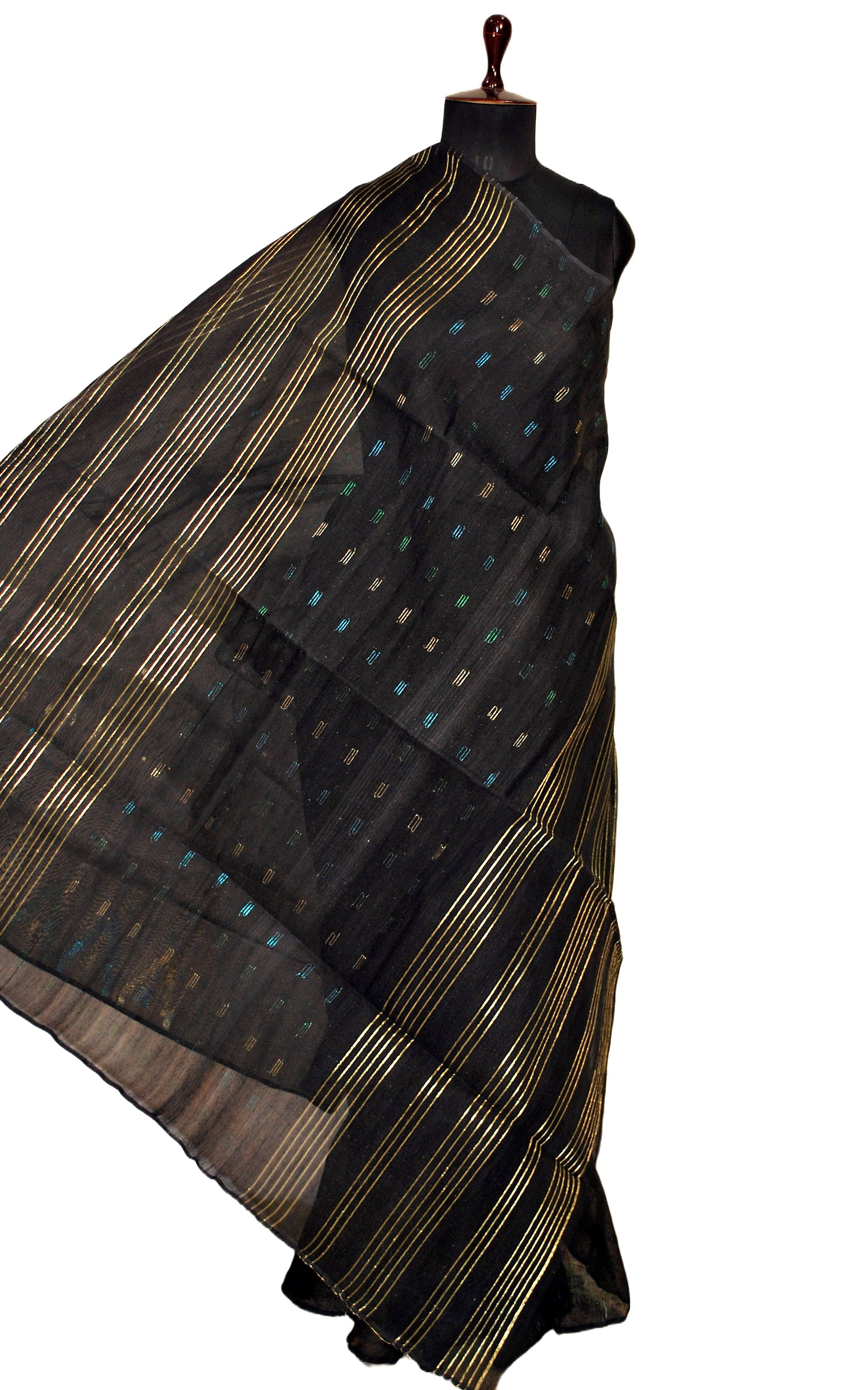 Hand Karat Work Muslin Jamdani Saree in Black and Multicolored Zari Nakshi Work