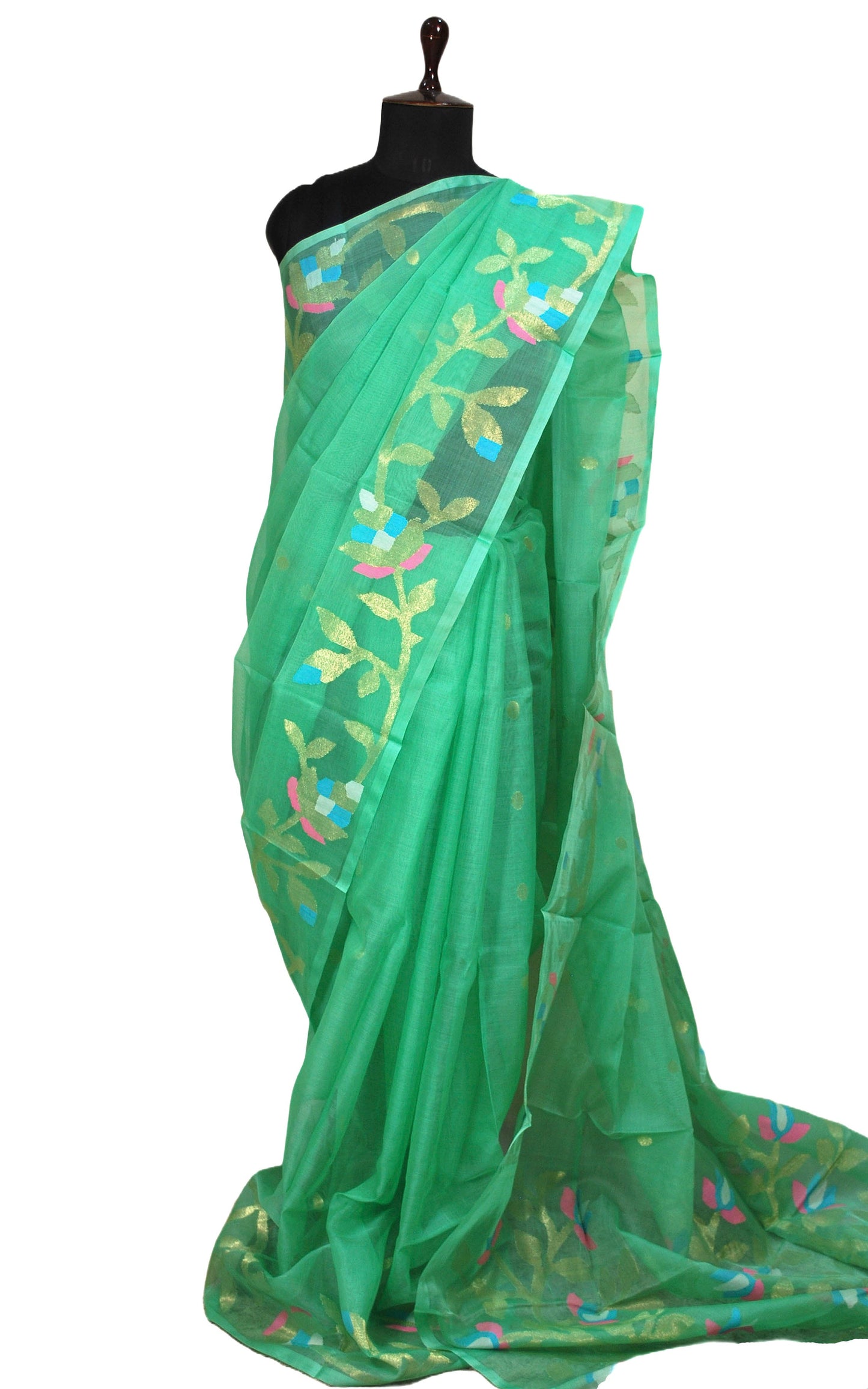 Silk Jamdani Saree in Sea foam Green and Multi Colored Thread Work